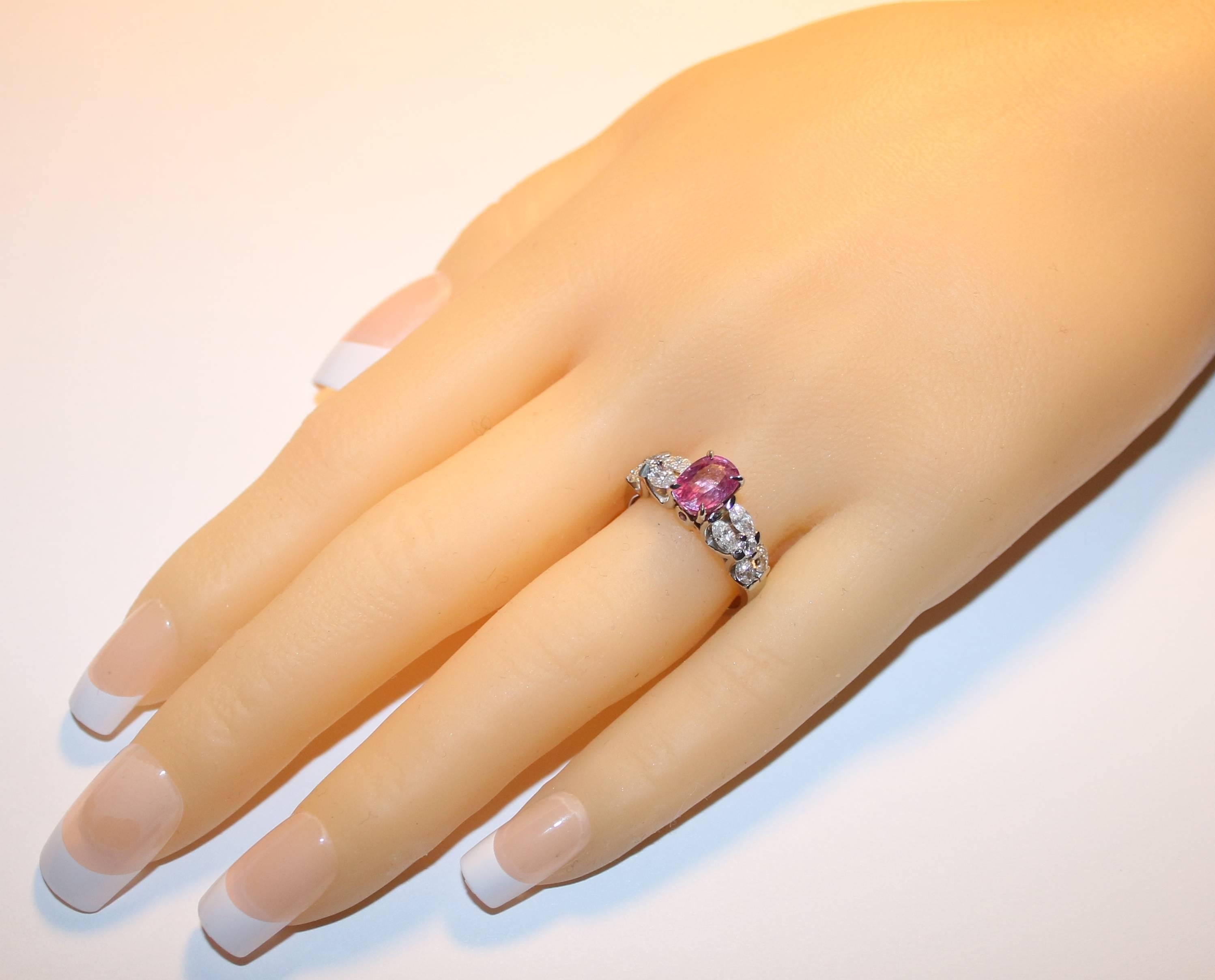 Contemporary Certified 2.09 Carat Oval Pink Sapphire Diamond Platinum Ring For Sale