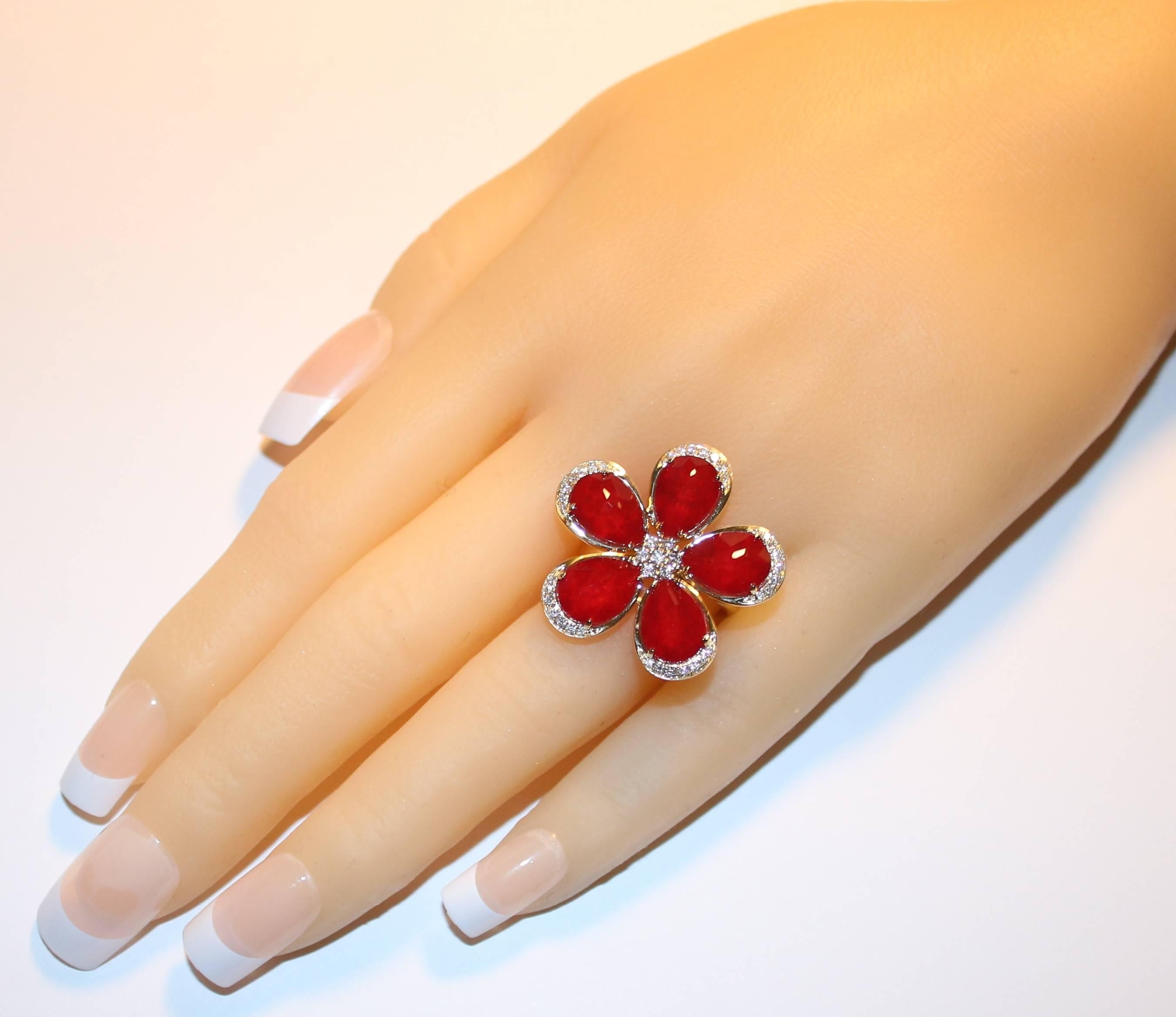 Contemporary Doublet Ruby Rock Crystal Diamond Gold Flower Ring