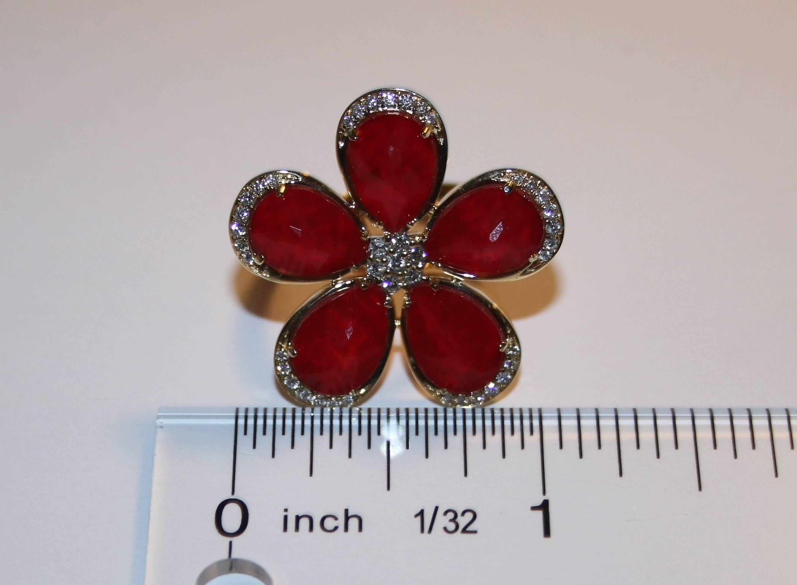 Round Cut Doublet Ruby Rock Crystal Diamond Gold Flower Ring