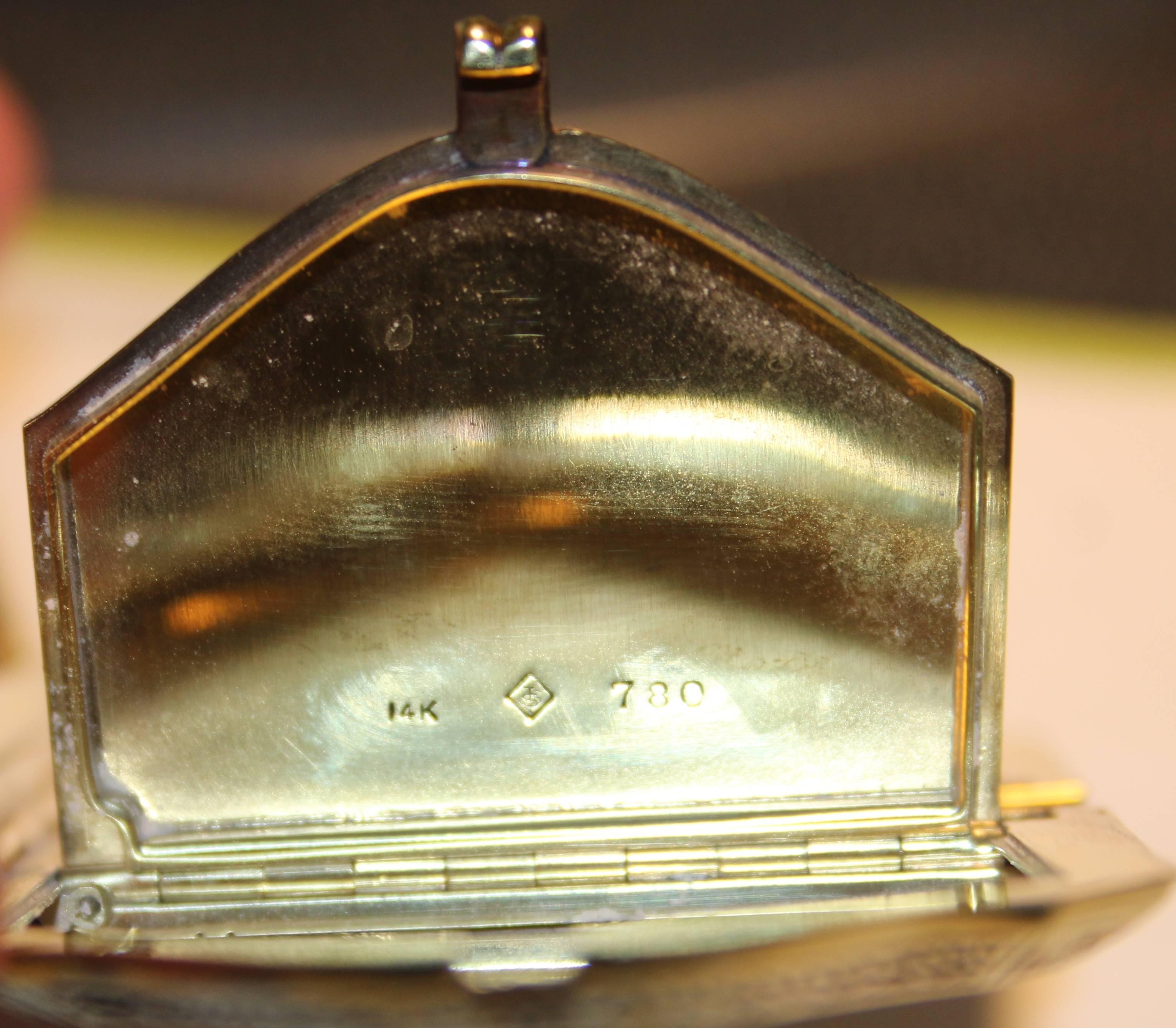 Round Cut Schanfein & Tamis Art Deco Gold Wristlet Compact For Sale