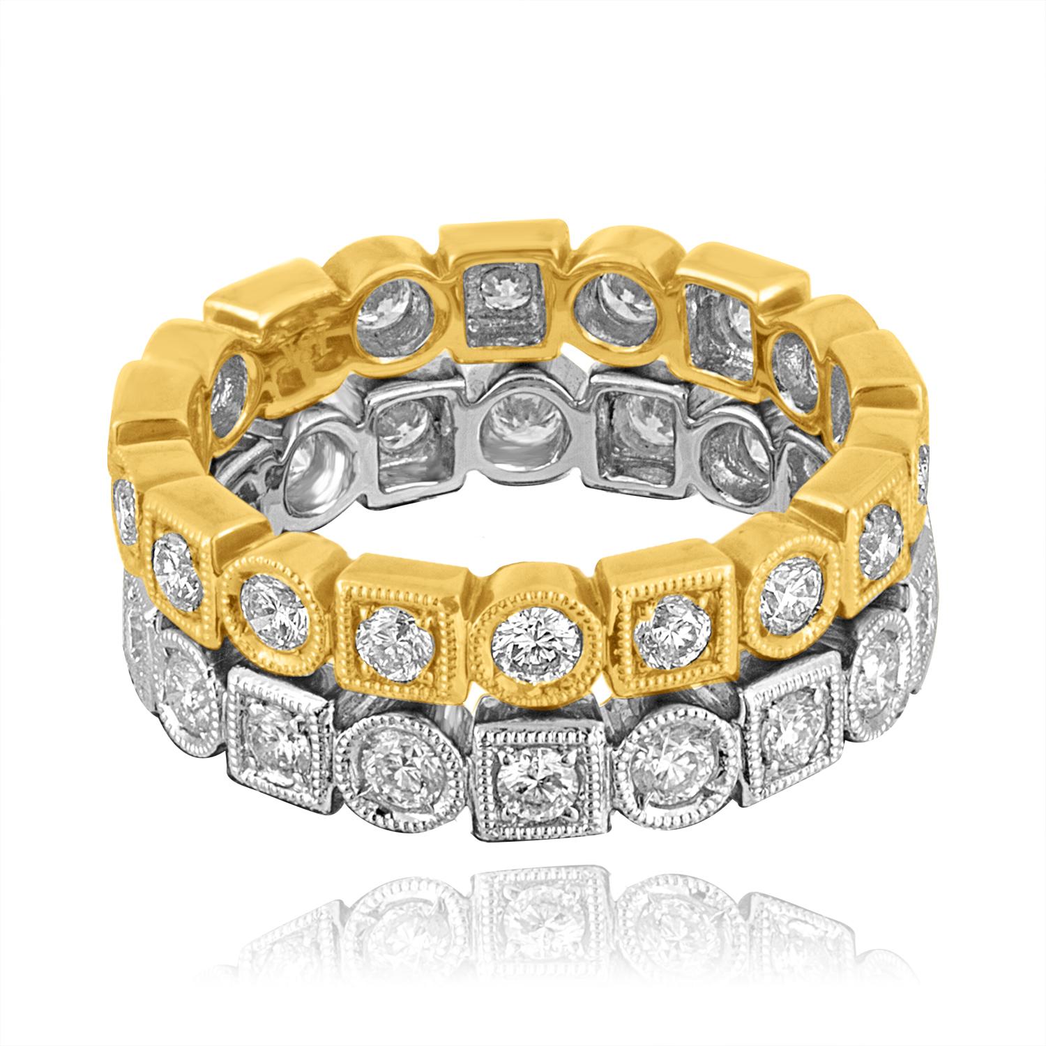 Beautiful & Classy Stackable Rings
The set consists of 2 Rings.
The rings are 18K Yellow & White Gold
18KY 0.90 Carats F/G VS/SI Diamonds 4.7 grams size 6.50
18KW 1.00 Carats F/G VS/SI Diamonds 3.9 grams size 7.00
The sizes are graduating on purpose