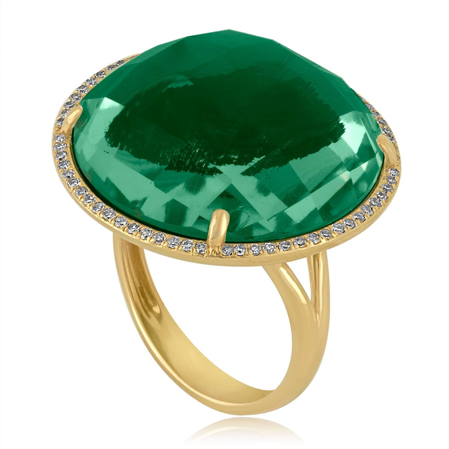 Sliced to display their natural variations in character.
The green agate slice is topped with clear faceted white topaz.
The slices are set in 14K Yellow Gold and surrounded by Diamonds. 
There are 0.22ct in Diamonds H/I SI. 
There are 15.80ct