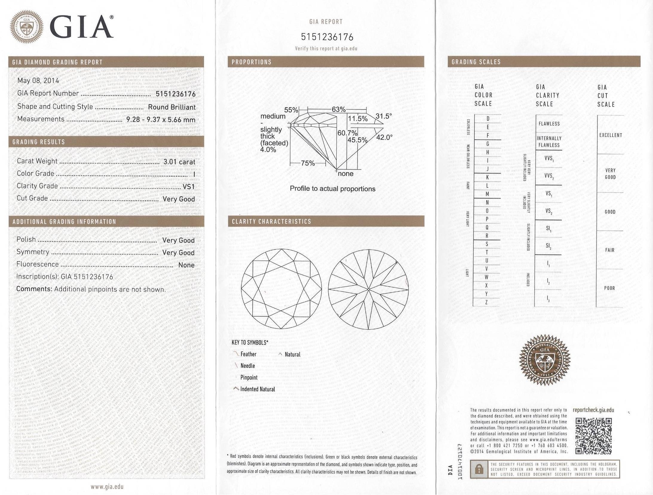 GIA Certified 3.01 Carats I VS1 Diamond Platinum Ring In New Condition In New York, NY