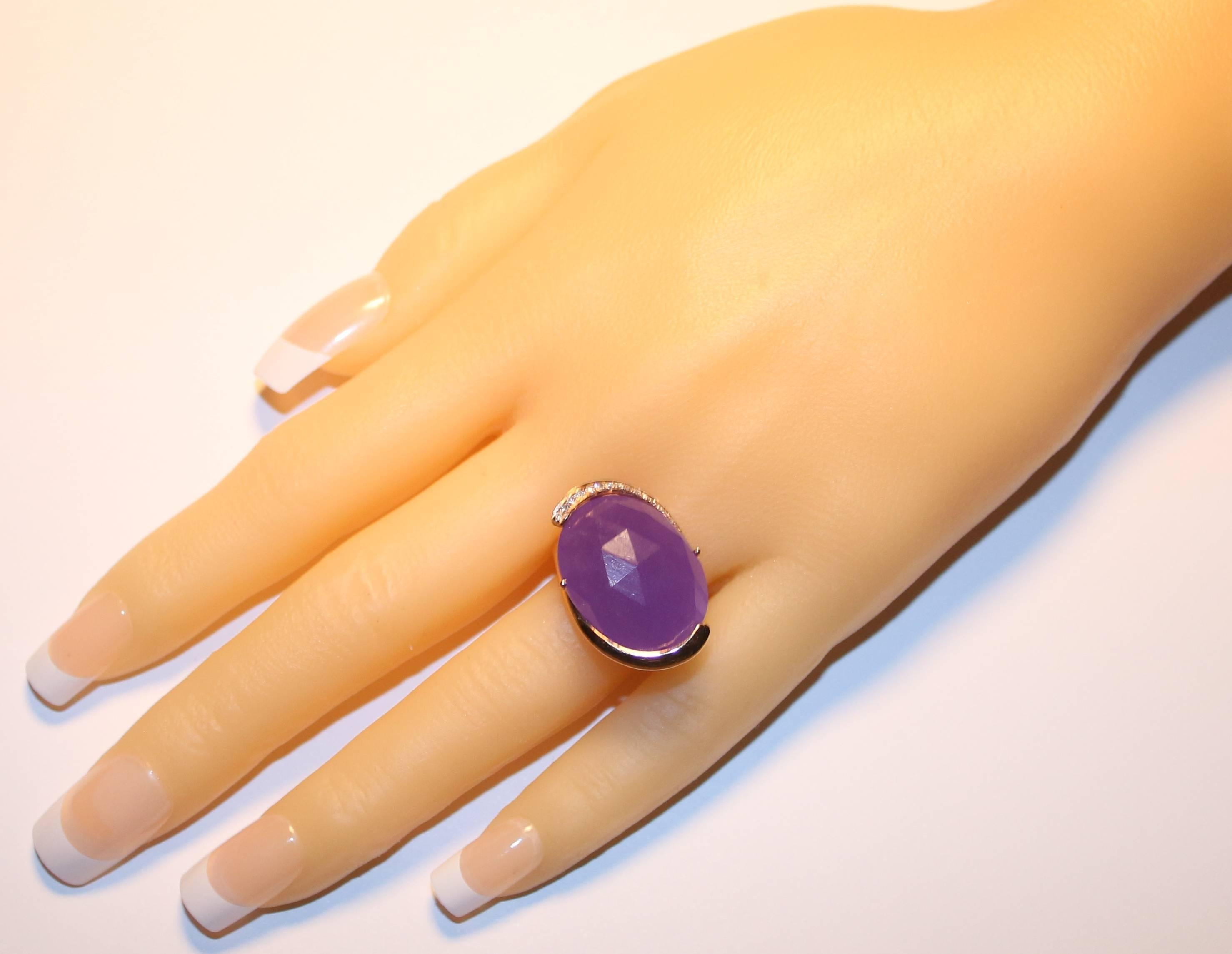 Contemporary Oval Purple Jade Diamond Gold RIng