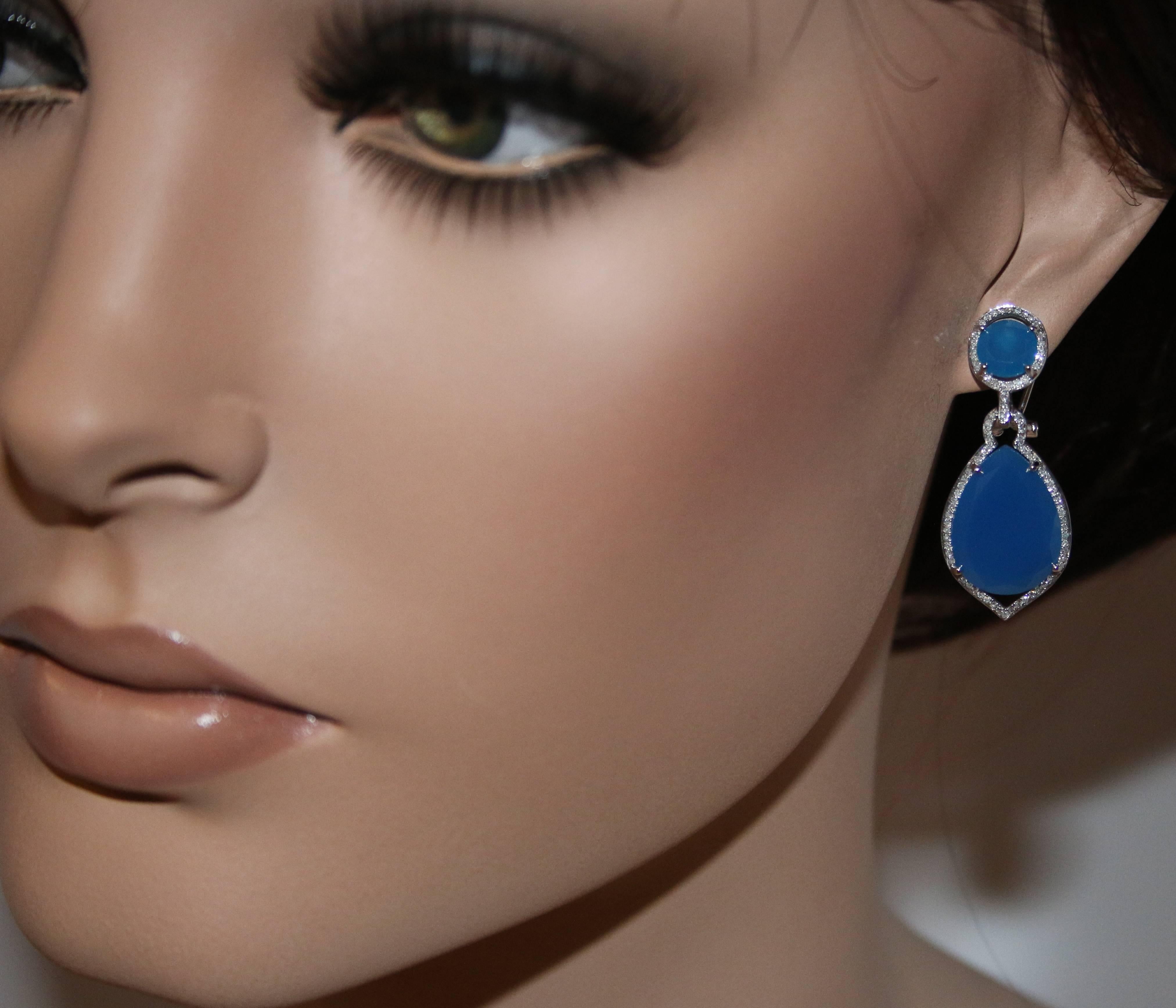 Contemporary 19.21 Carats Blue Agate Diamond Gold Earrings For Sale