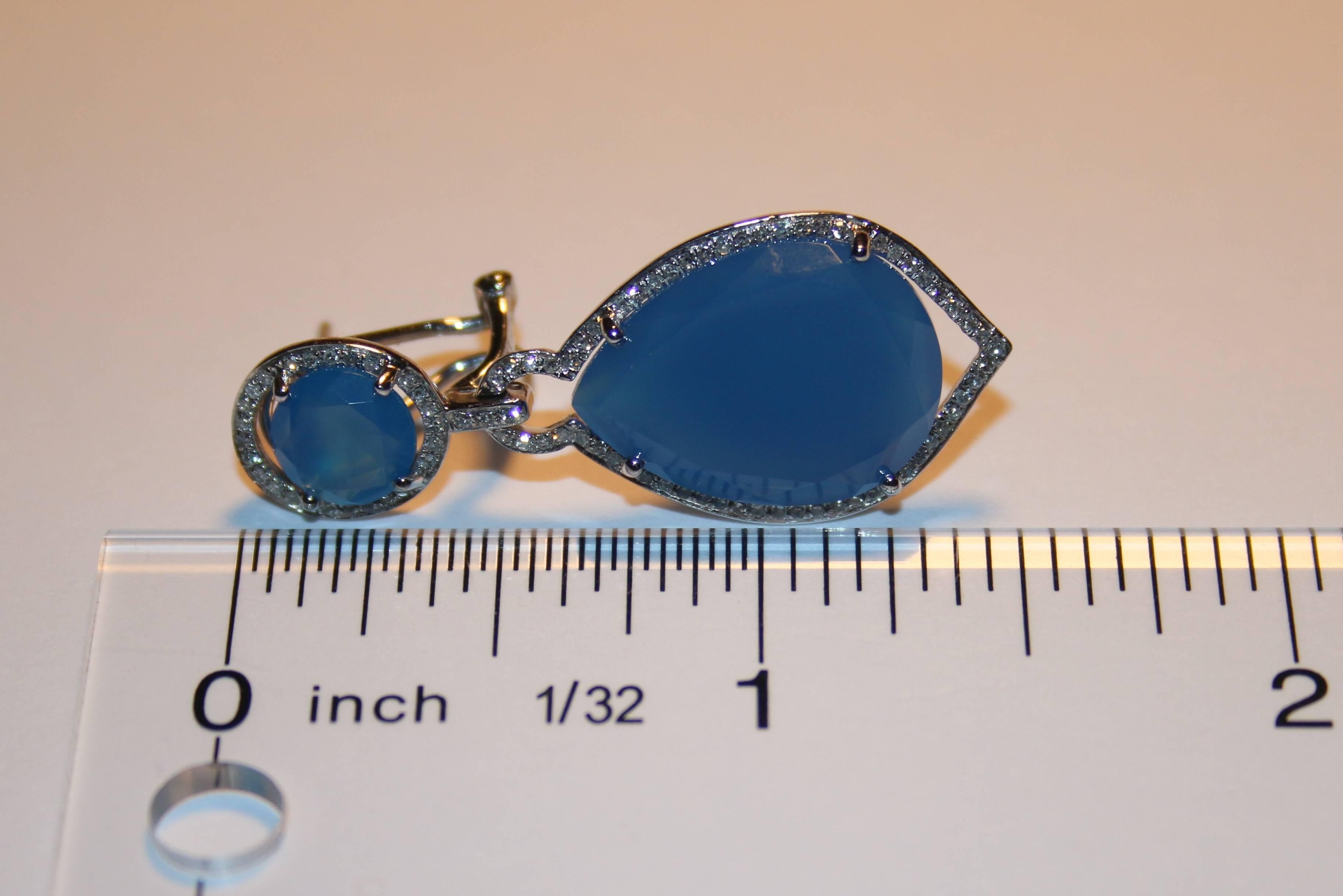 Pear Cut 19.21 Carats Blue Agate Diamond Gold Earrings For Sale