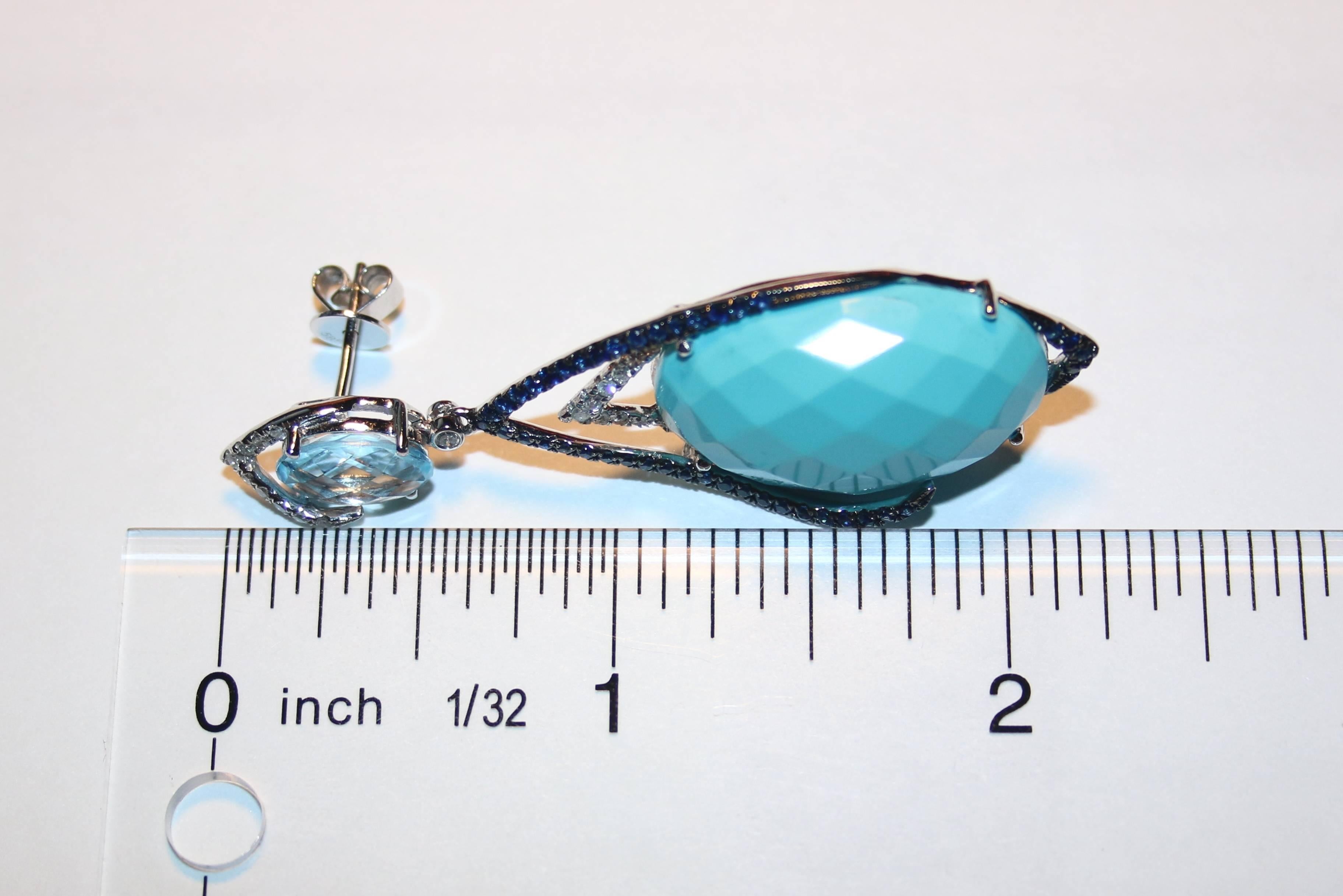 Oval Cut Turquoise Topaz Sapphire Diamond Gold Drop Earrings For Sale