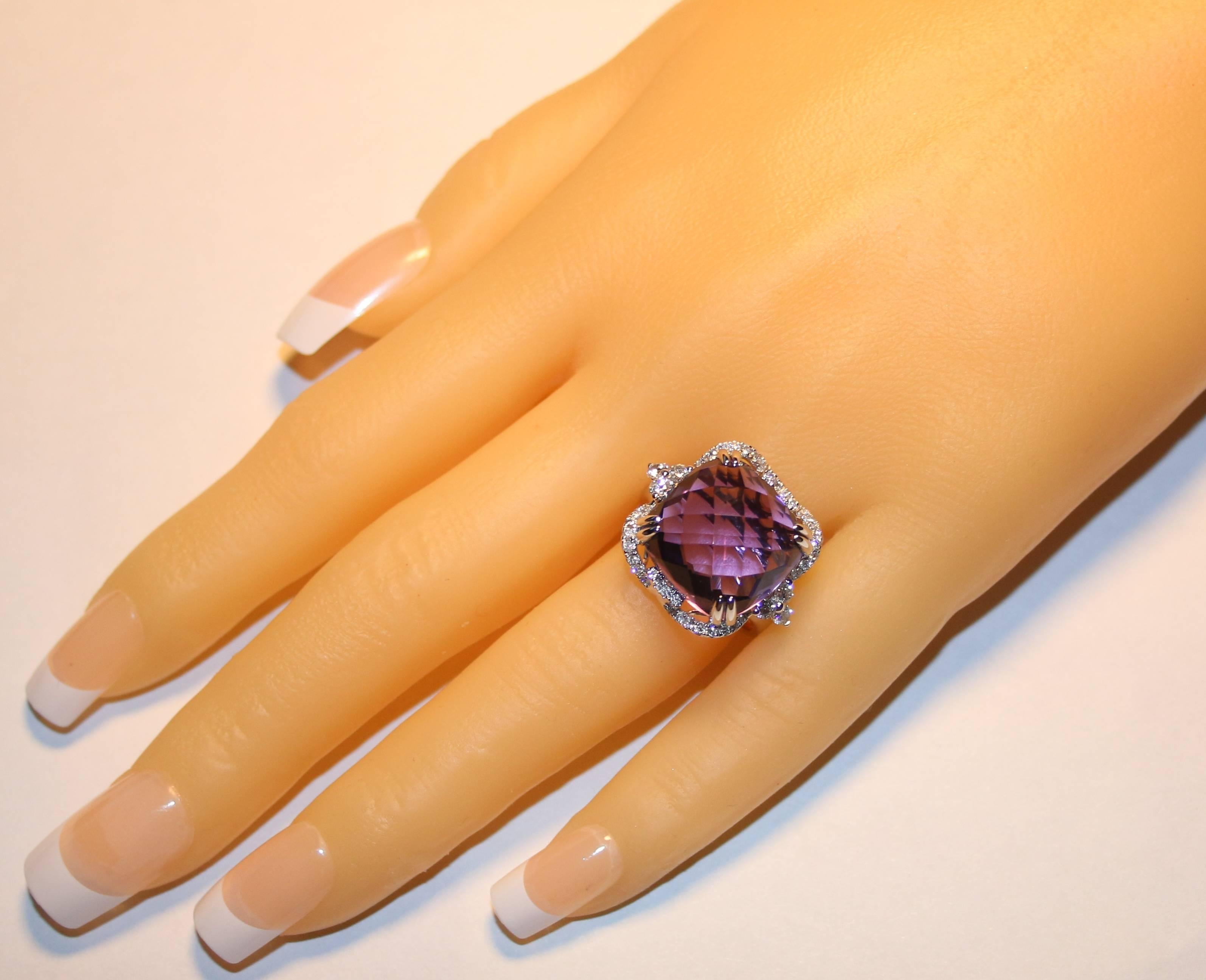 Cushion Cut 15.48 Carats Amethyst Diamond Gold Ring For Sale