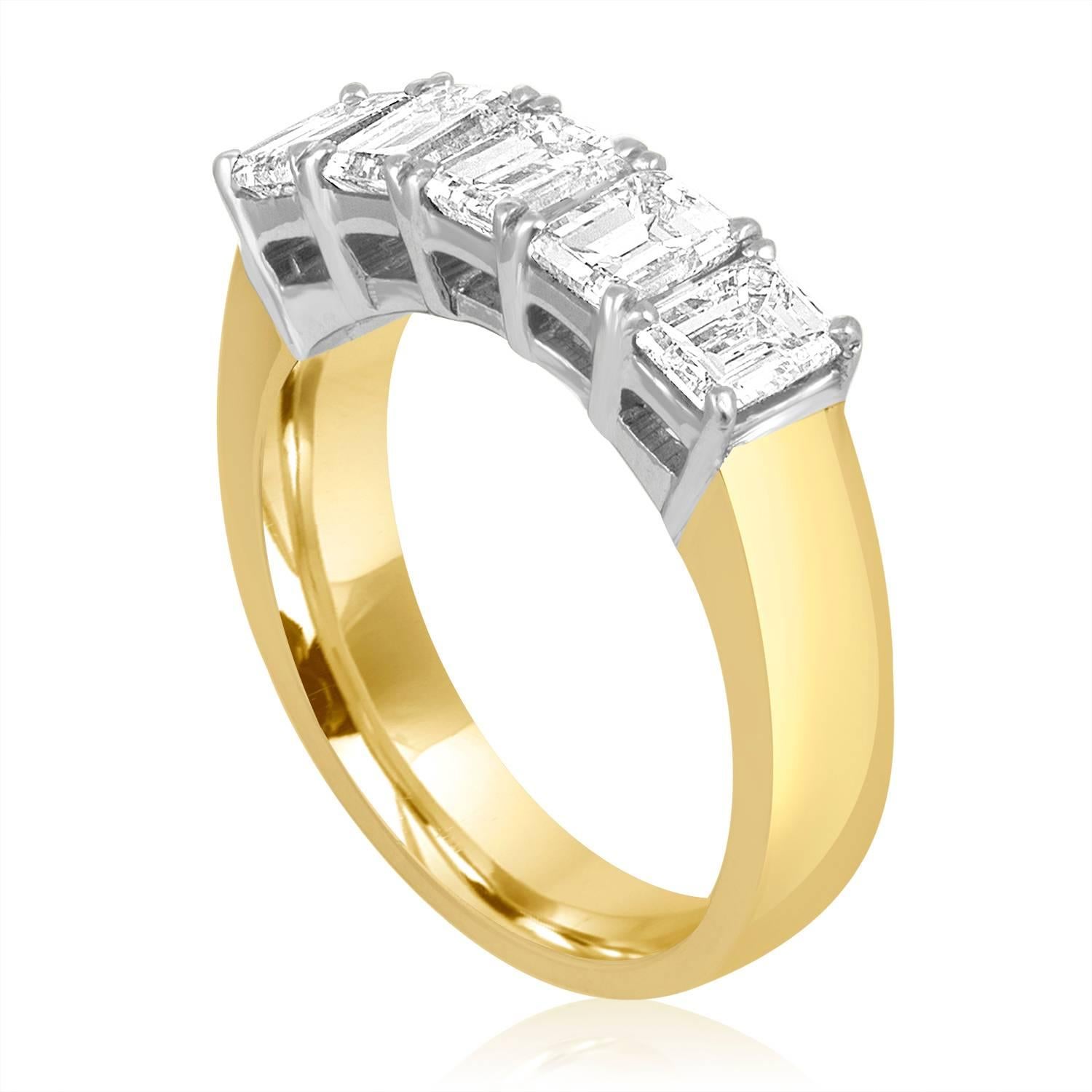 Very Beautiful Diamond Half Band Ring
The ring is 18K Yellow Gold & PLT 950
There are 5 Emerald Cut Diamonds prong set
There are 2.50 Carats In Diamonds F/G VS
The ring is a size 9, sizable. 
The band is 5.37 mm wide. 
The ring weighs 11.8 grams.