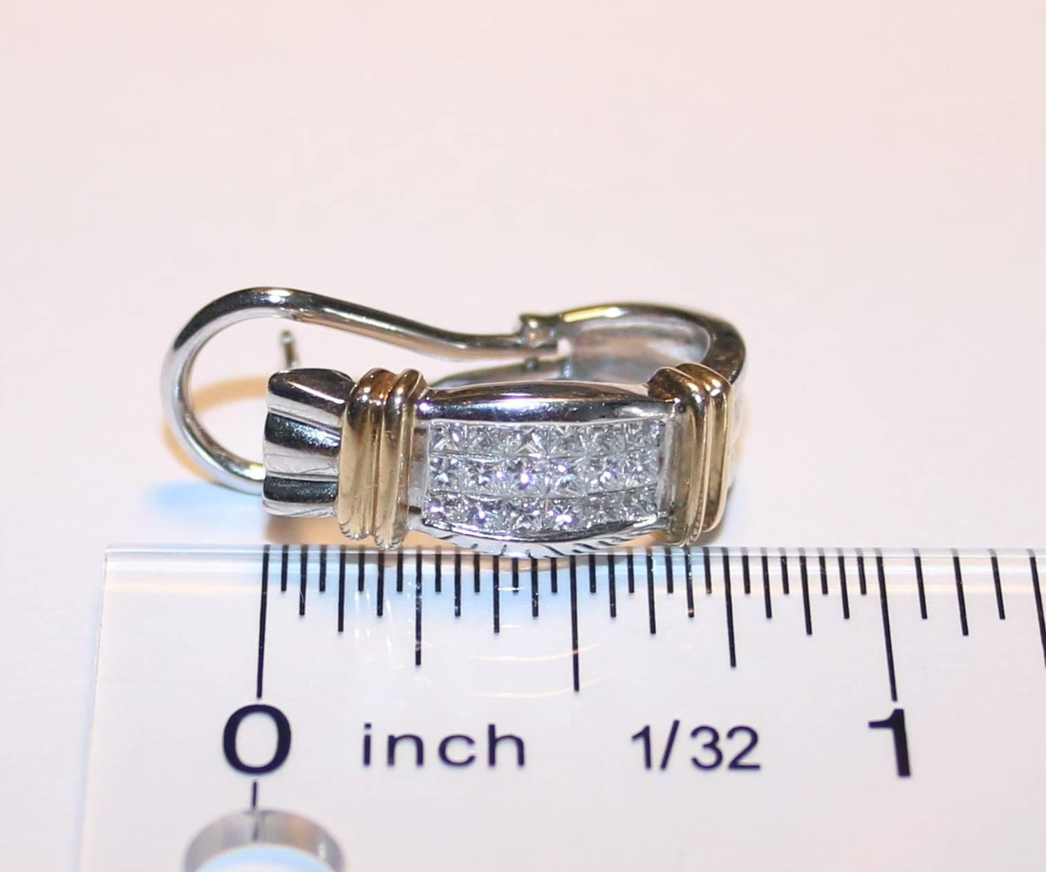 2.00 Carats Diamond Princess Cut Two Tone Gold Half Huggie Earrings In Excellent Condition In New York, NY