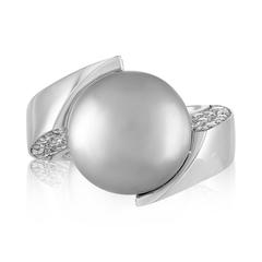 Huge 3.50 Carats 15MM Grey South Sea Pearl Diamond Gold Ring