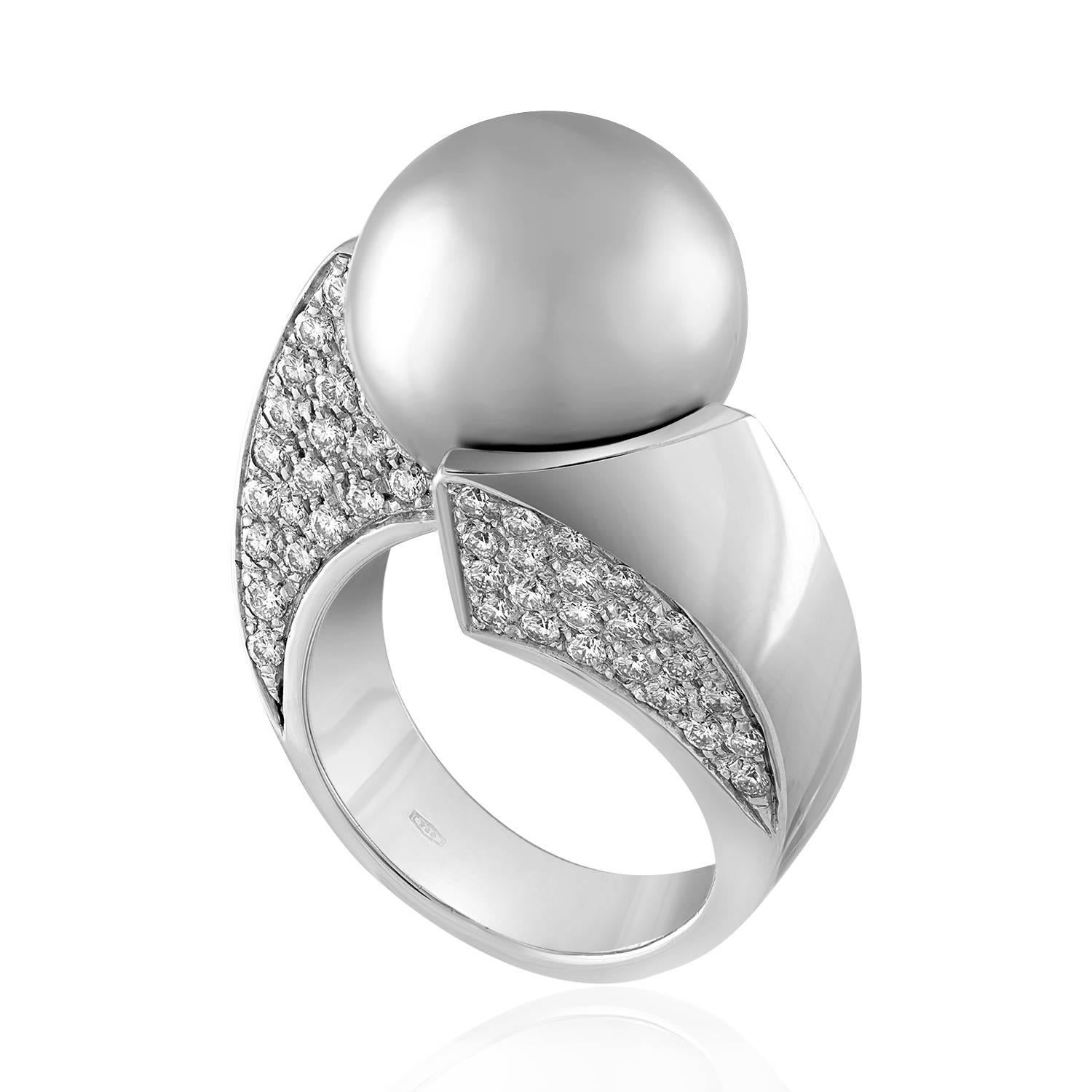 Contemporain Bague en or 15 mm avec perle grise des mers du Sud et diamants de 3,50 carats en vente