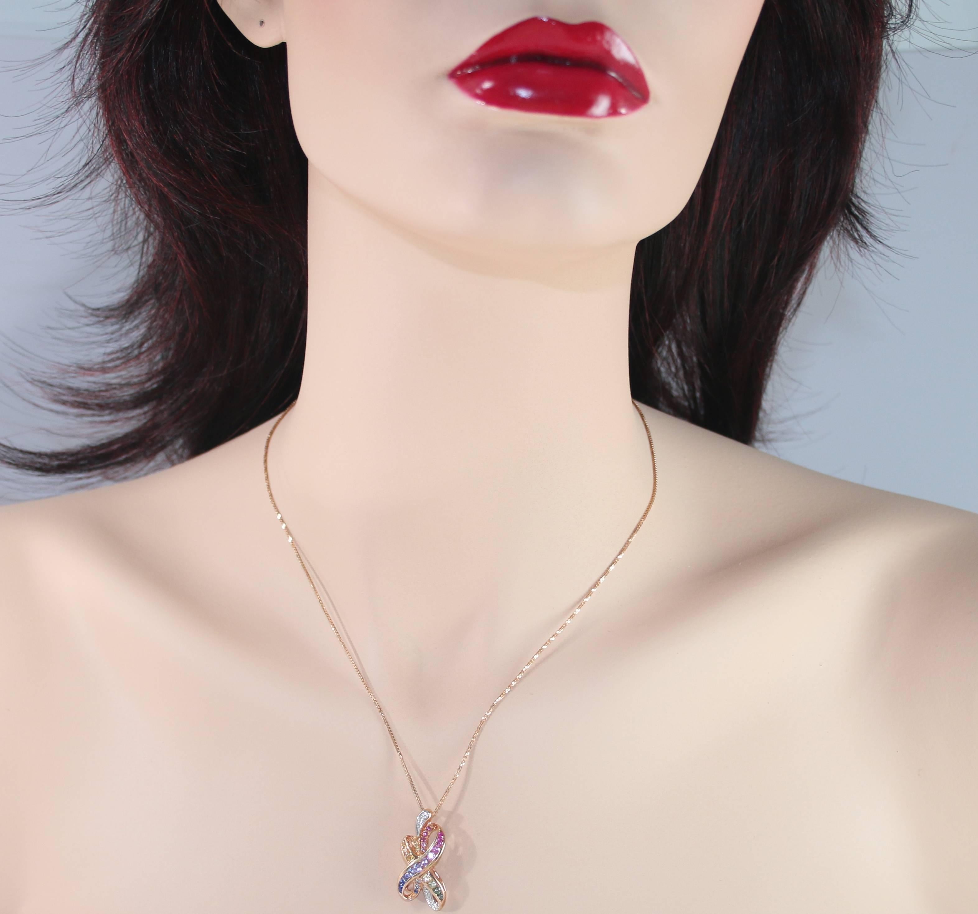 Beautiful Pendant Necklace.
The Pendant & Chain are 18K Rose Gold.
The pendant has 1.11 Carats In Sapphires.
There is also 0.06 Carats in Diamonds G VS/SI.
The pendant measures 1