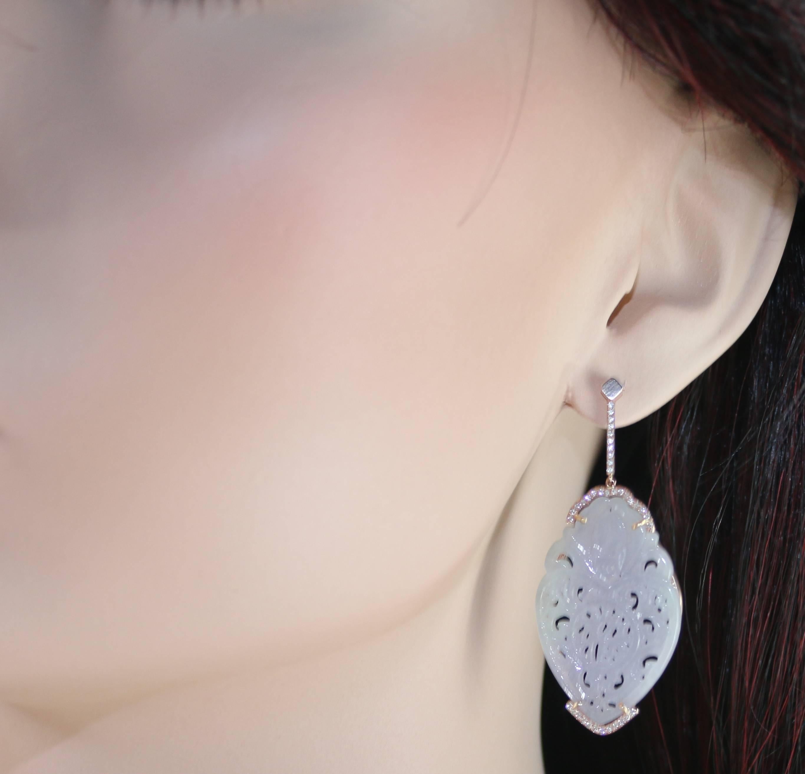 Contemporary Natural Violet Lavender Carved Jade Rose Gold and Diamond Earrings