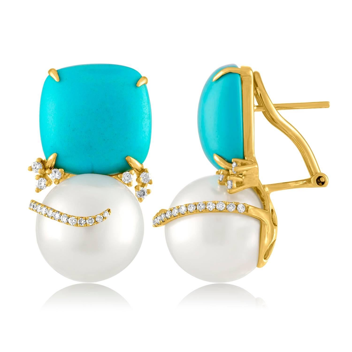 Beautiful & Fun Earrings.
The earrings are 18K Yellow Gold.
There are 0.50 Carats in Diamonds F/G VS.
The South Sea Pearls are 13mm in Diameter.
The earrings measure 1