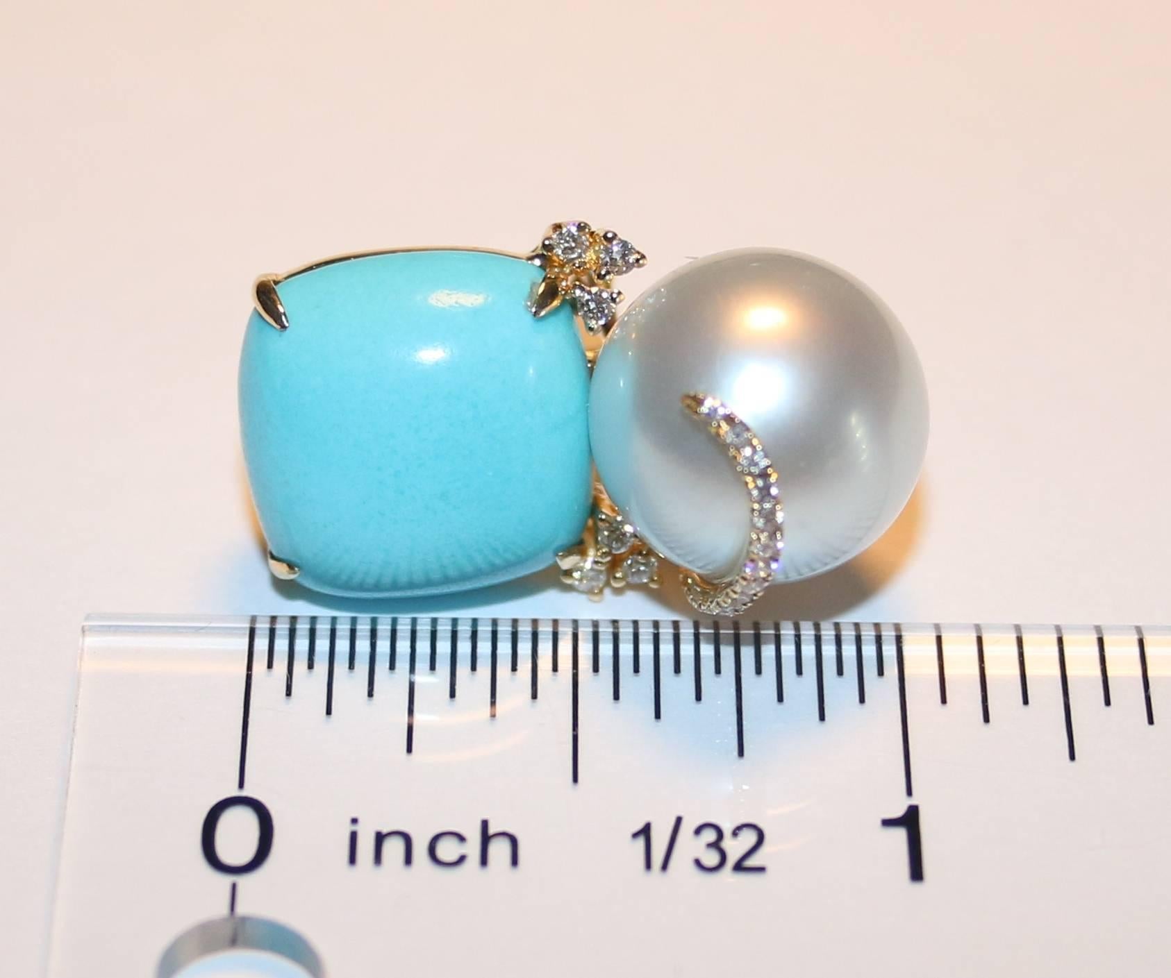 Round Cut Turquoise and South Sea Pearl Gold Diamond Earrings