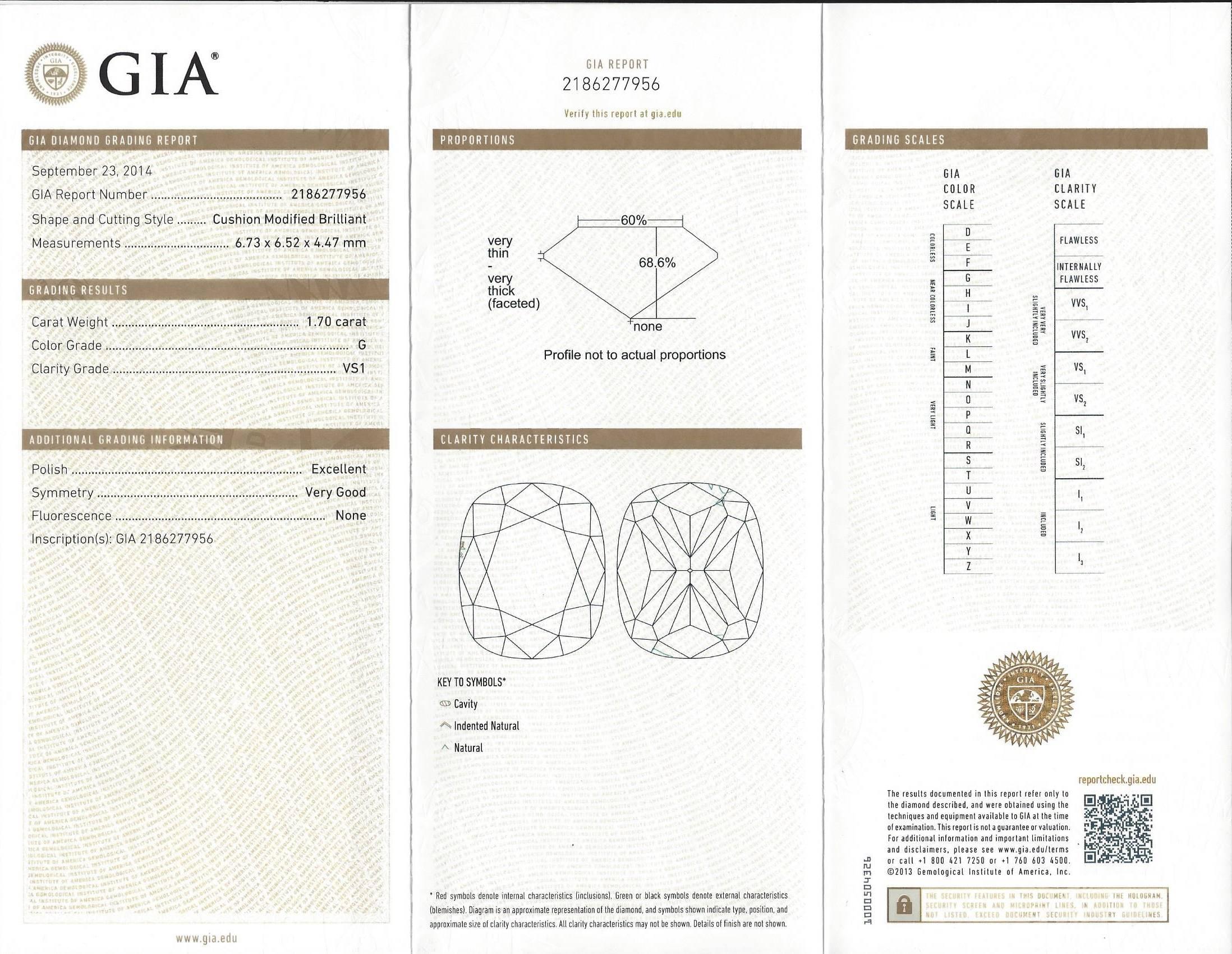 GIA zertifiziert 1,70 Karat G VS1 Kissenschliff Diamant Solitär Gold Verlobungsring Damen im Angebot