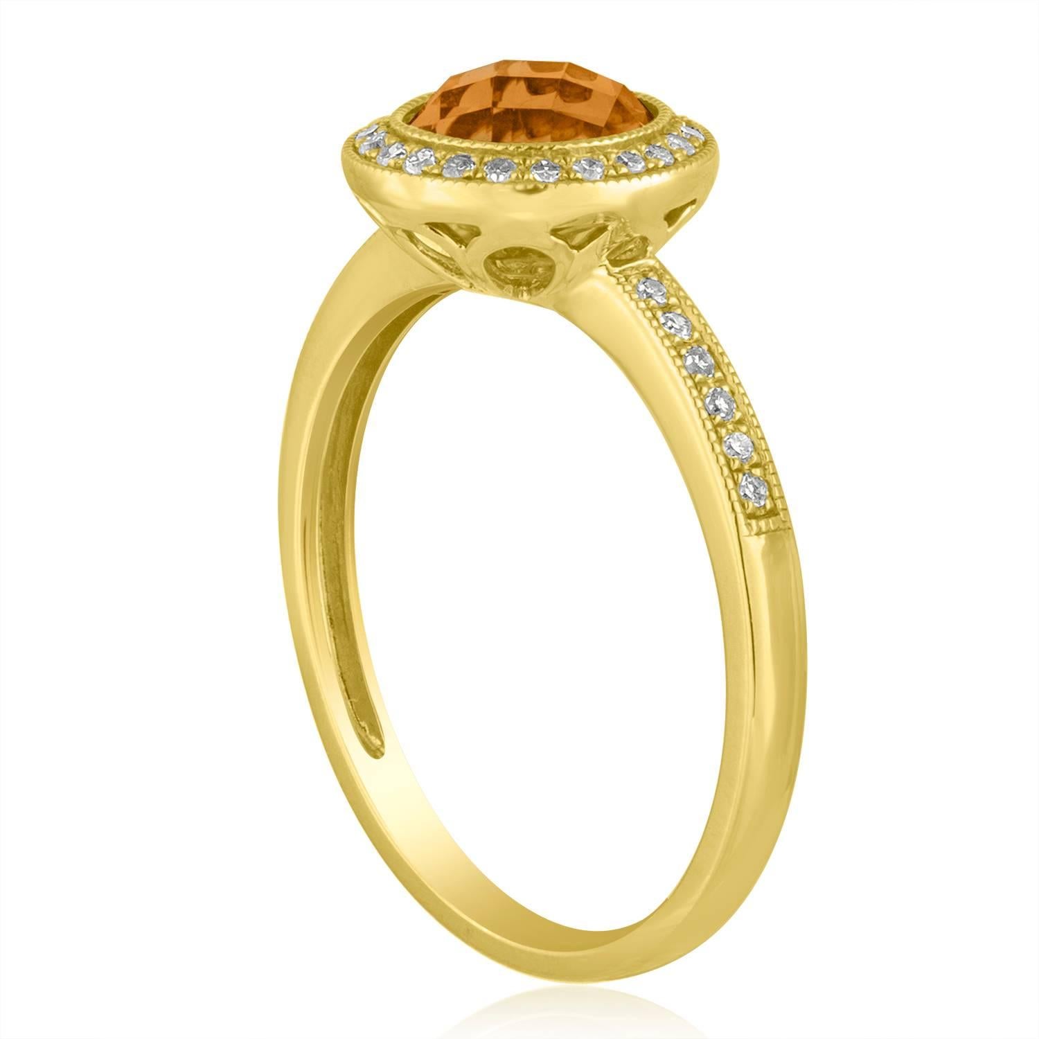 Stunning Milgrain Citrine Ring
The ring is 14K Yellow Gold
There are 0.12 Carats In Diamonds H SI
The Center Stone is a Round Citrine 1.38 Carats
The top measures 6/16