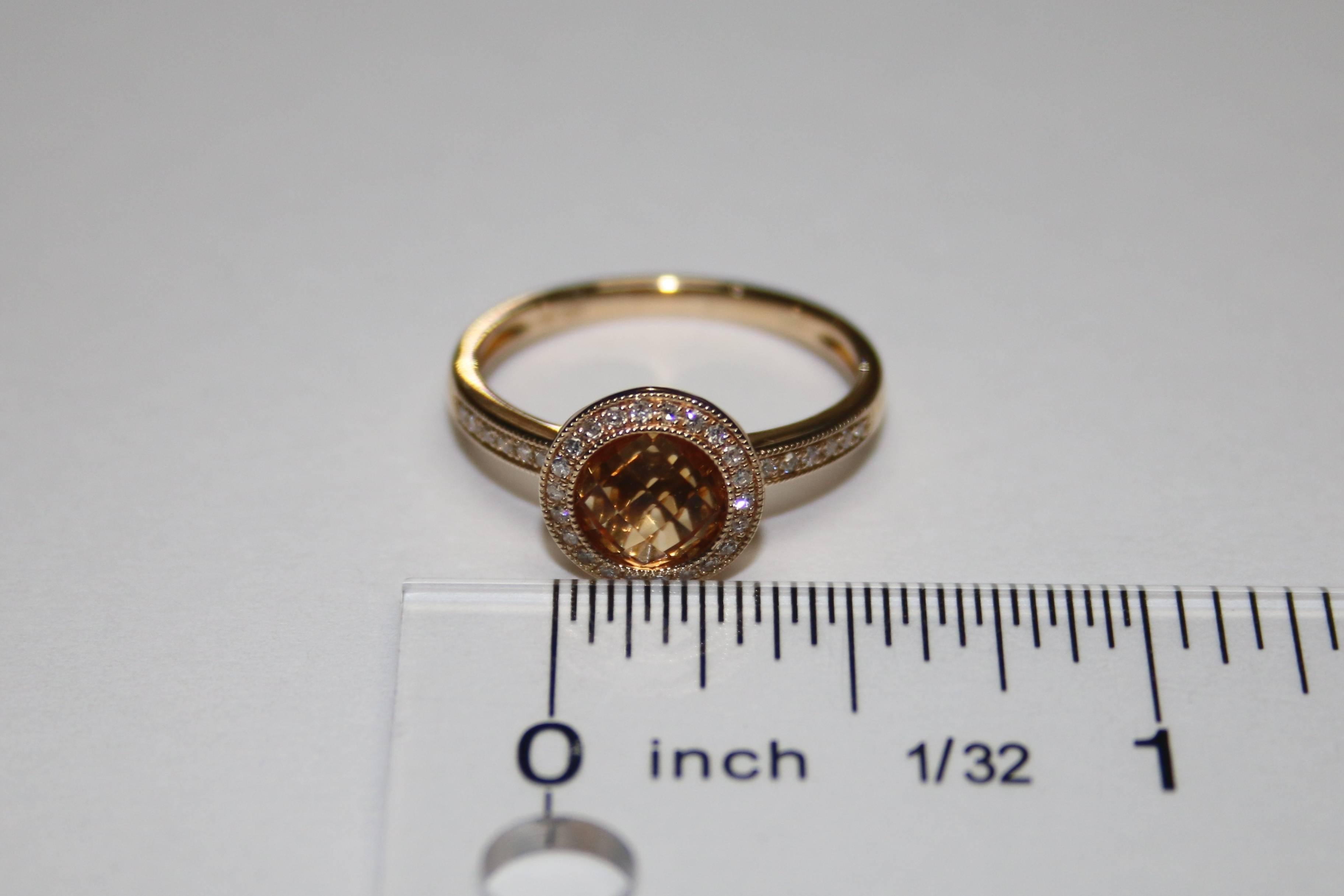 Round Cut Round 1.38 Carat Citrine and Diamond Halo Milgrain Gold Ring For Sale