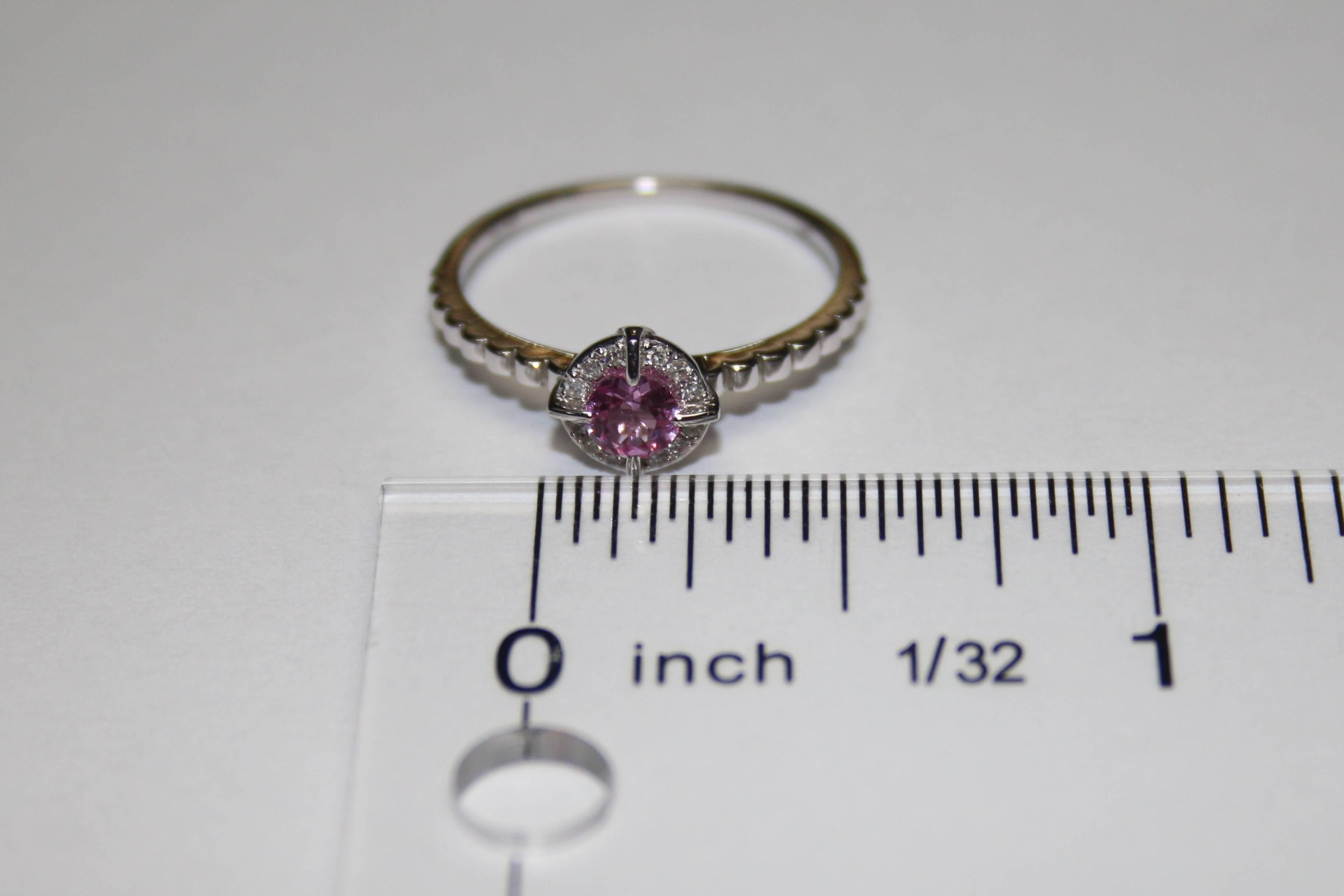 Round Cut Stackable 0.32 Carats Pink Corundum and Diamond Halo Gold Ring For Sale
