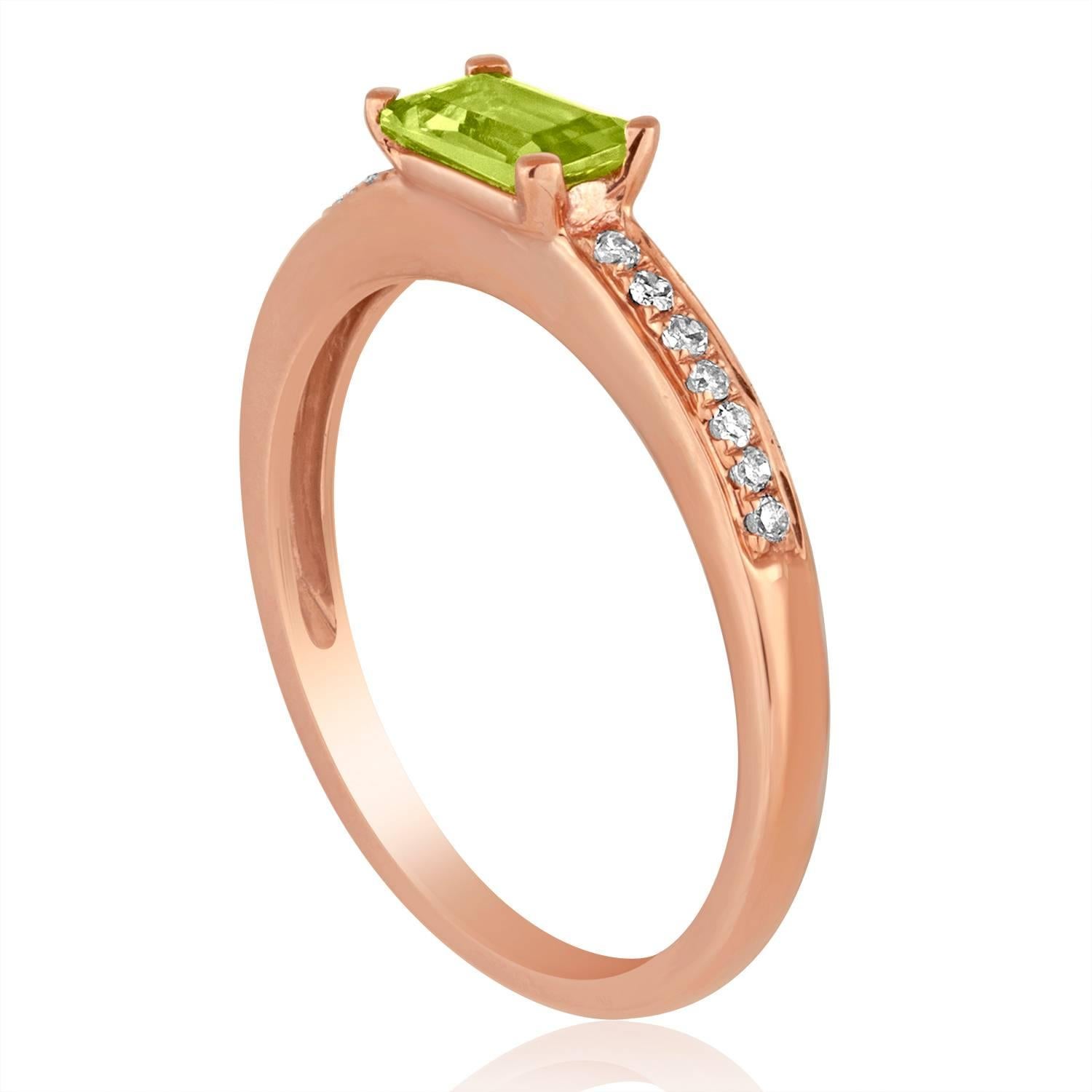 Stackable Peridot Baguette Ring
The ring is 14K Rose Gold
There are 0.09 Carats In Diamonds H SI
The Center Stone is a Peridot Baguette 0.44 Carats
The top measures 1/4