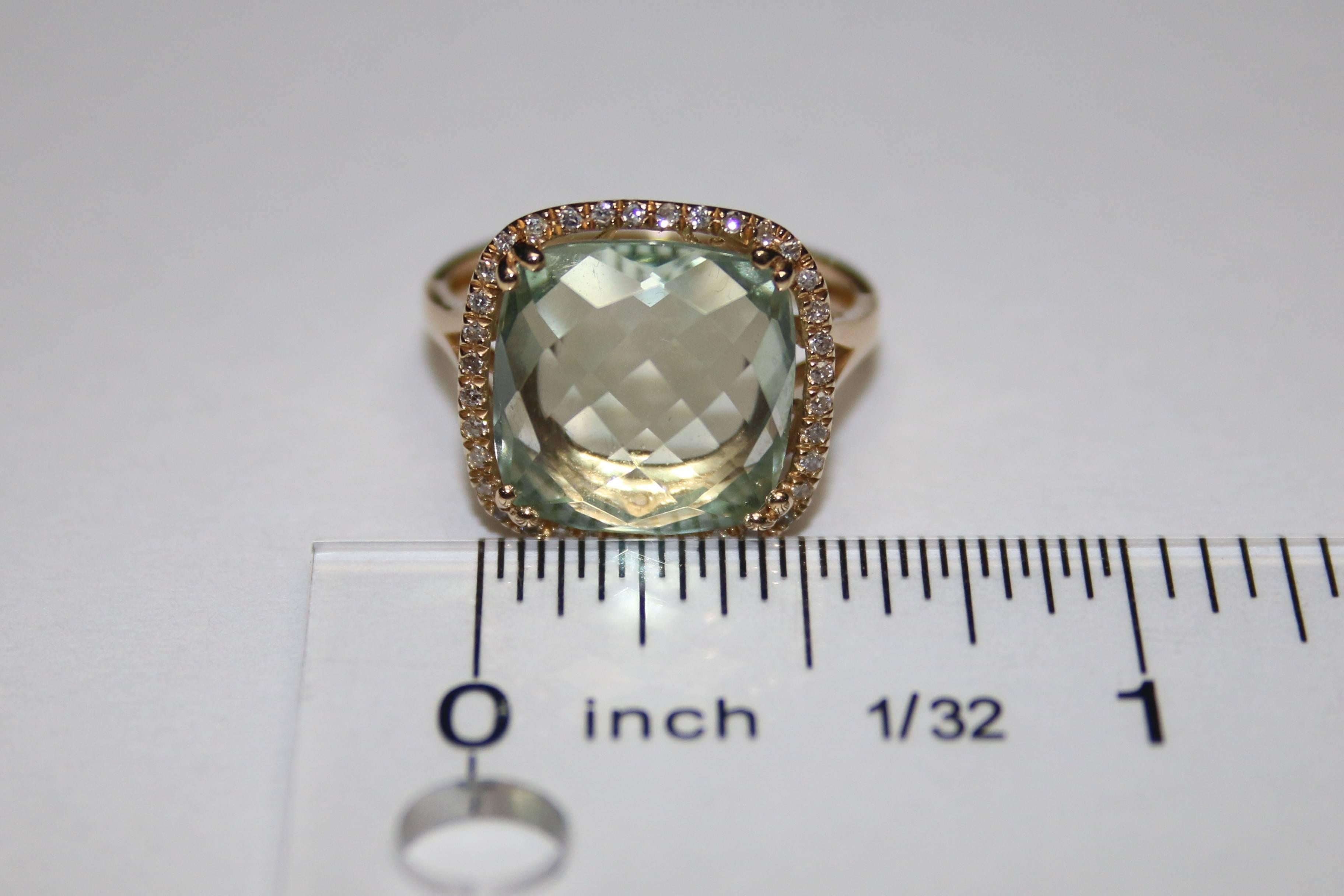 Cushion Cut 6.44 Carats Green Amethyst and Diamond Halo Gold Ring In New Condition In New York, NY