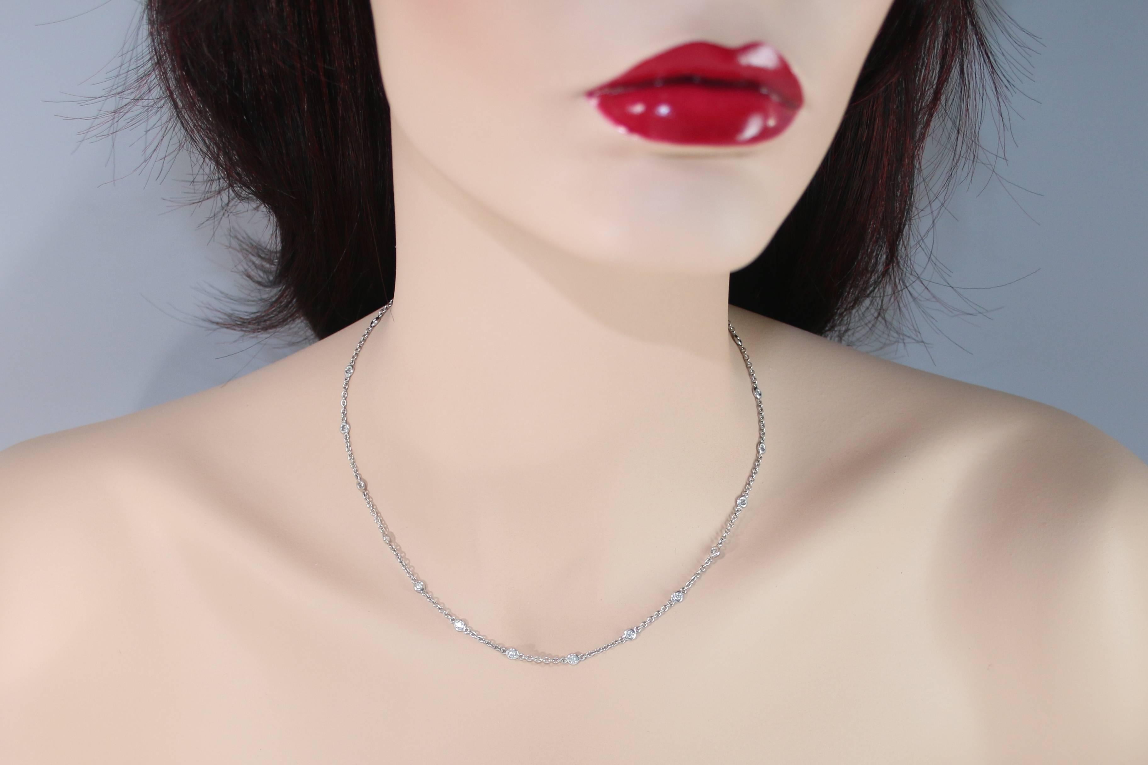 The necklace is 18K White Gold.
There is 1.00 Carats in Diamonds G/H SI.
There are 22 round stones.
The necklace is 16