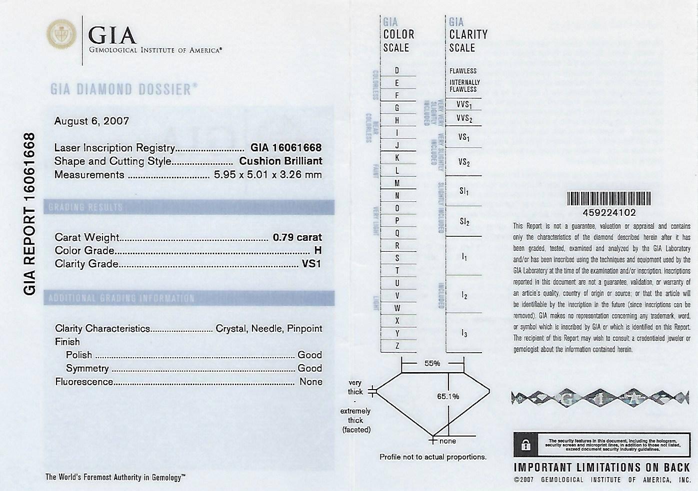 Bague solitaire en platine avec diamant taille coussin de 0,79 carat H VS1 certifié par le GIA en vente 2