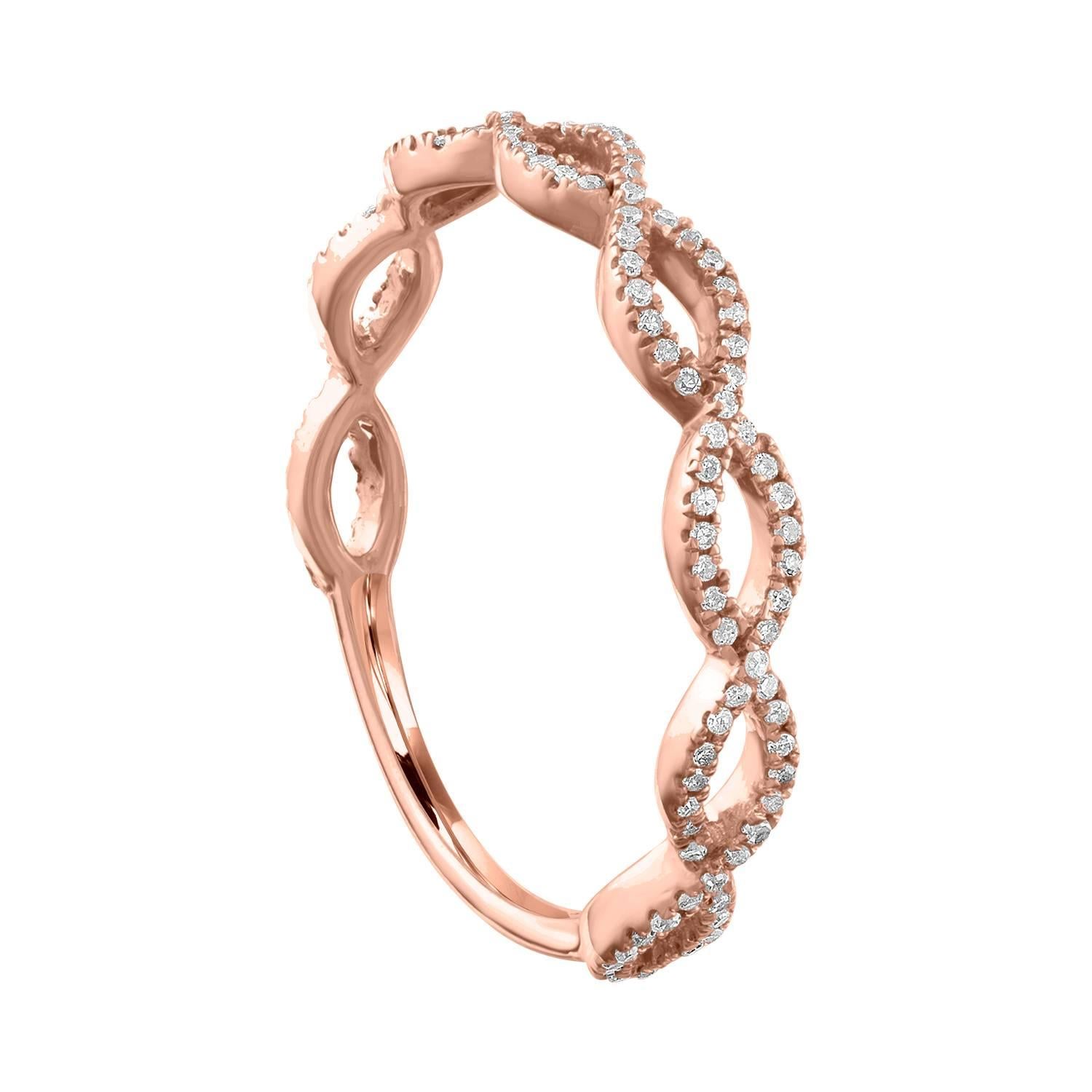 Beautiful Infinity Design Band Ring.
The ring is 14K Rose Gold.
There are 0.17 Carats in Diamonds H I1.
The ring is a size 7, sizable.
The ring weighs 1.6 grams.