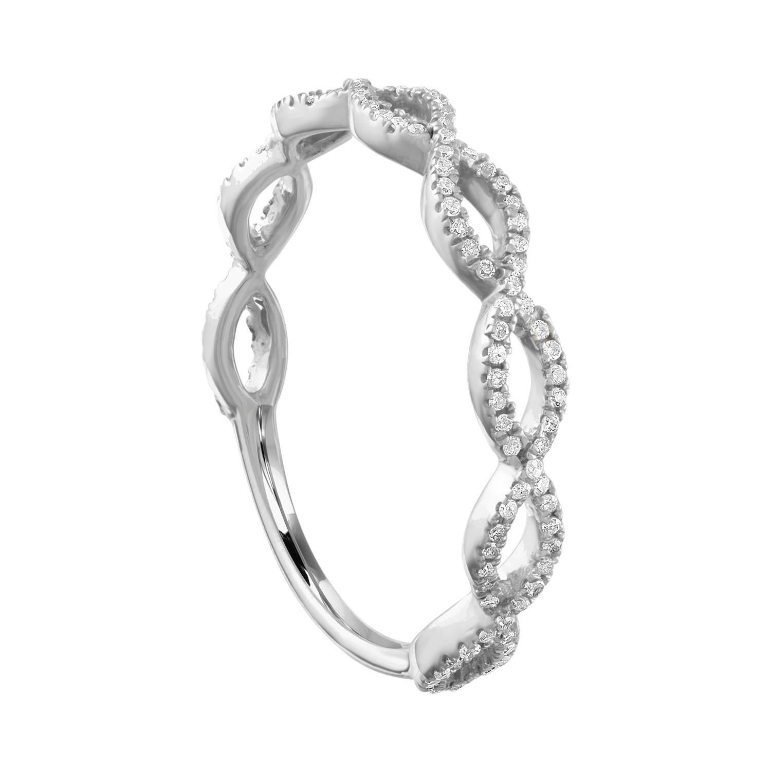 Beautiful Infinity Design Band Ring.
The ring is 14K White Gold.
There are 0.17 Carats in Diamonds H I1.
The ring is a size 7, sizable.
The ring weighs 1.6 grams.