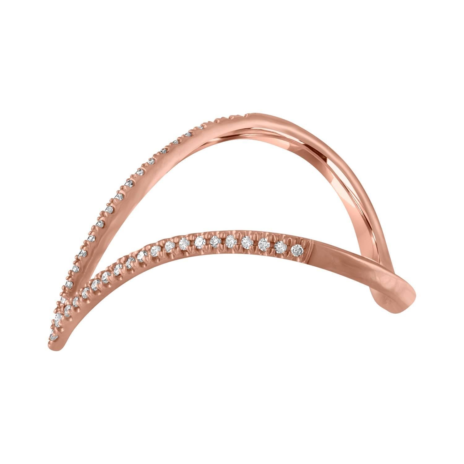 Very Fun V Shaped Ring.
The ring is 14K Rose Gold.
There are 0.40 Carats In Diamonds H/I SI.
The ring is a size 7.5, sizable.
The ring weighs 2.0 Grams.