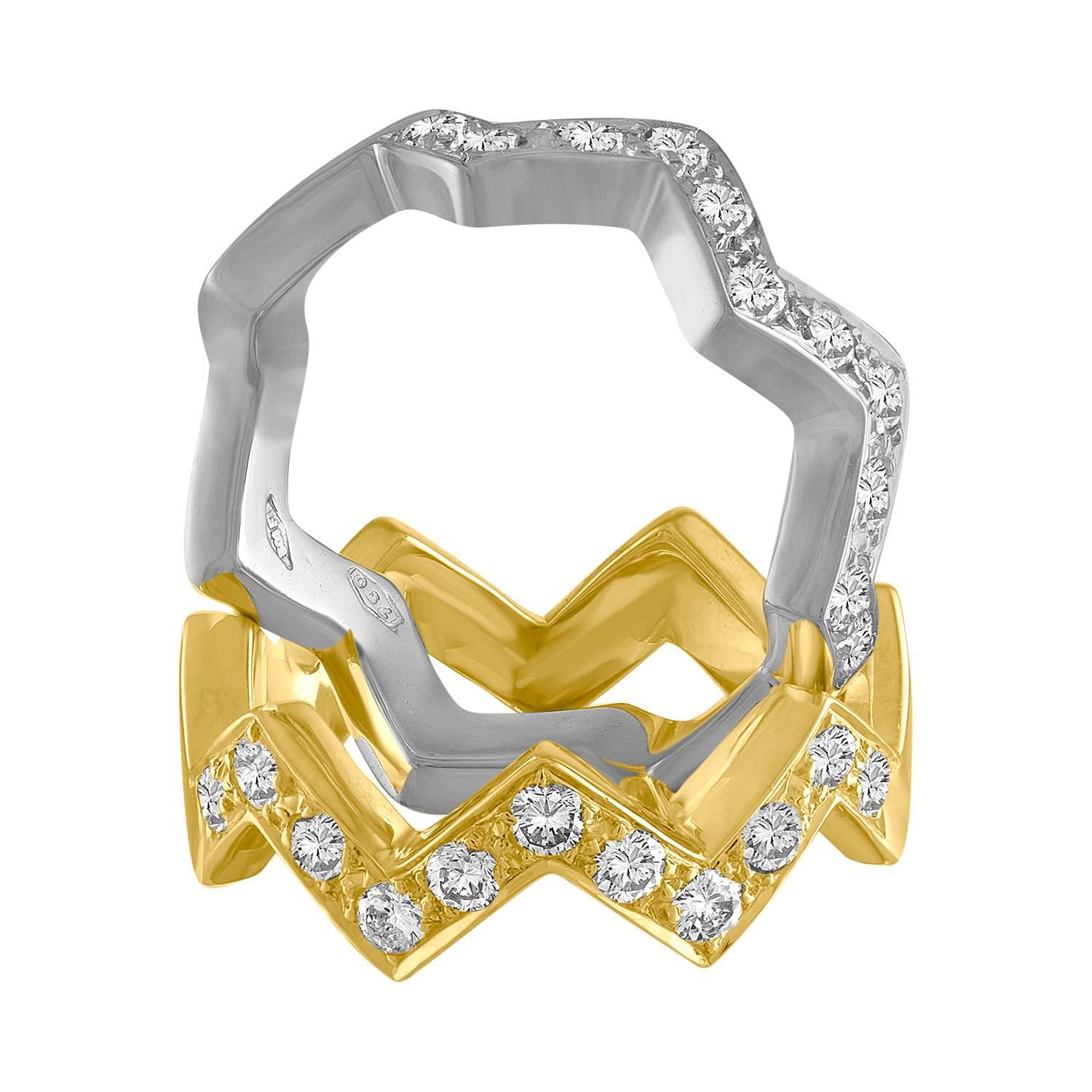 Contemporary Mazzoli 1.00 Carat Diamond Gold Stackable Zigzag Rings For Sale
