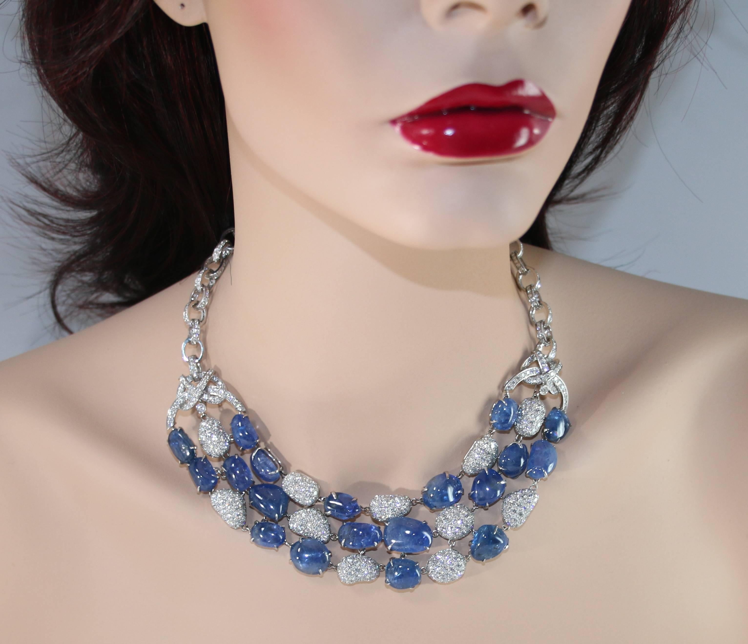Contemporary Italian 180.00 Carat Sapphire and Diamond Gold Necklace