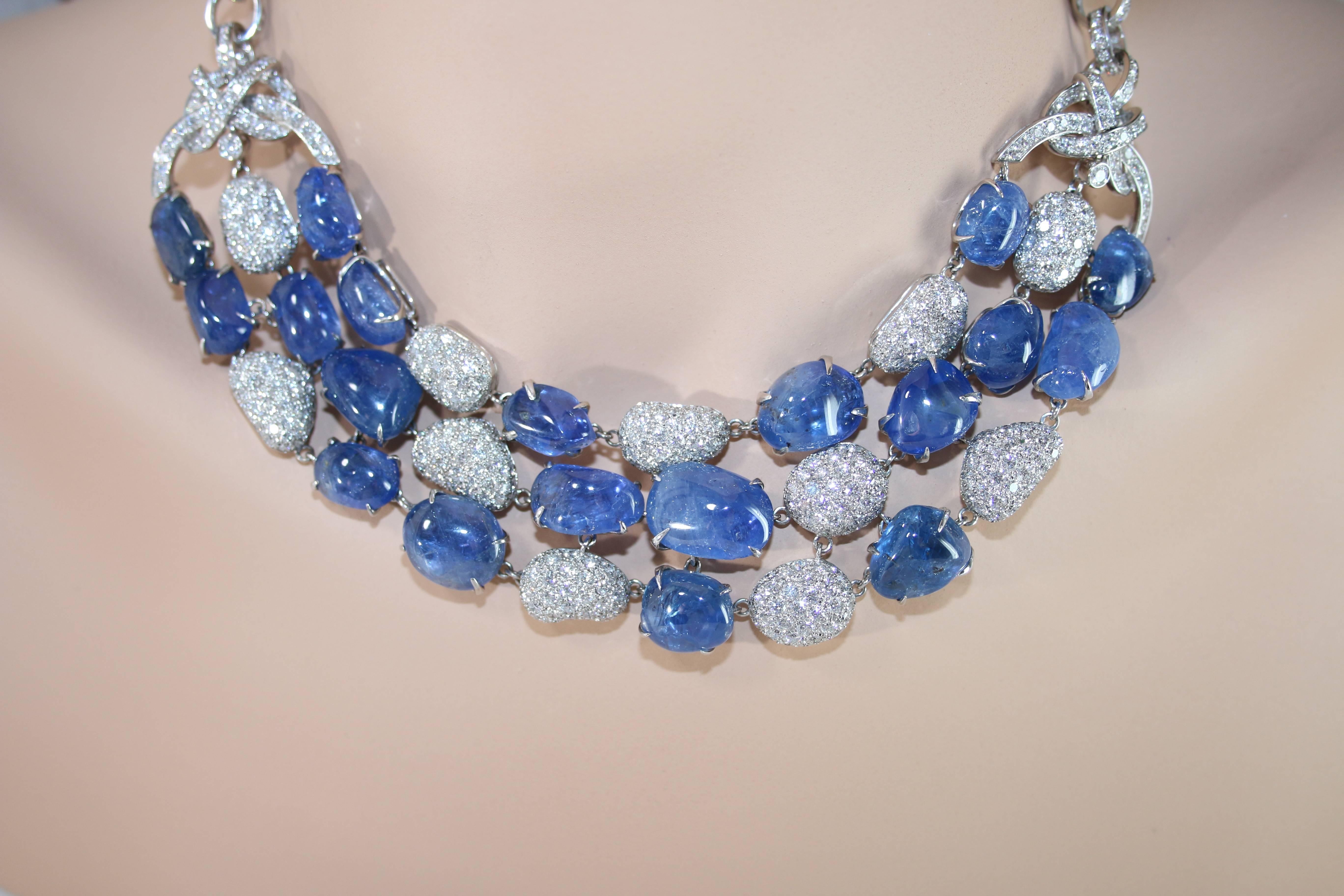 Women's Italian 180.00 Carat Sapphire and Diamond Gold Necklace