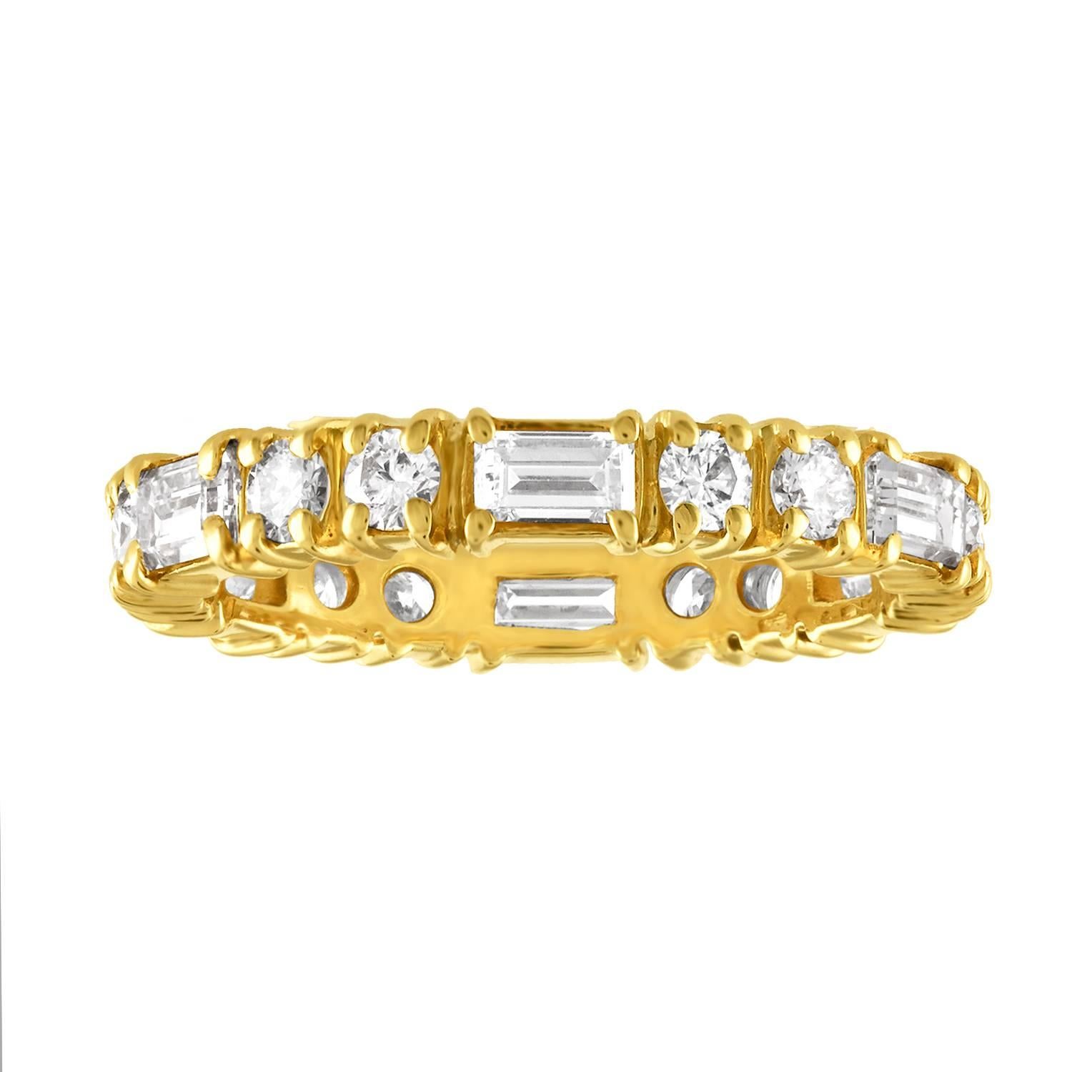 Beautiful Eternity Band with Alternating Round & Baguette Diamonds
The ring is 18KY Gold.
There are 1.50 Carats In Diamonds F/G VS
The ring weighs 3.1 grams
The ring is a size 5.75, cannot be sized.