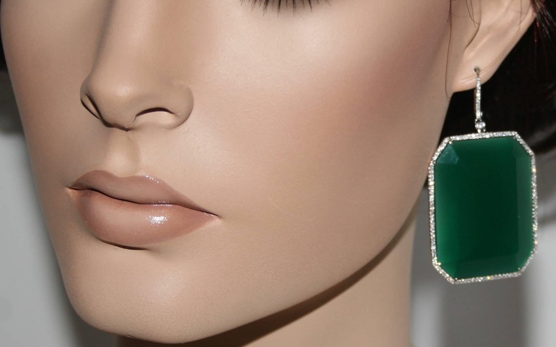 Modern 118.15 Carats Green Agate and Diamond Gold Earrings