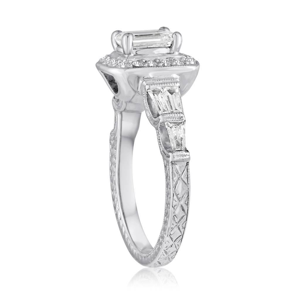 emerald-cut center stone with filigree baguettes