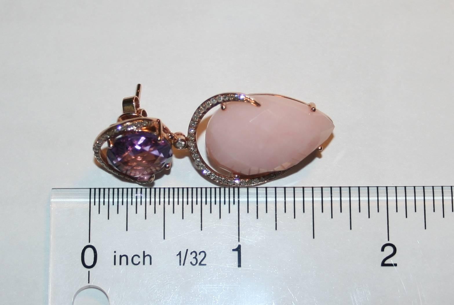 Contemporain Boucles d'oreilles en goutte en or rose avec opale rose 26,13 carats, améthyste et diamant en vente