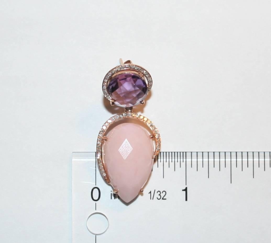 Contemporary 26.13 Carats Pink Opal Amethyst Diamond Rose Gold Drop Earrings For Sale