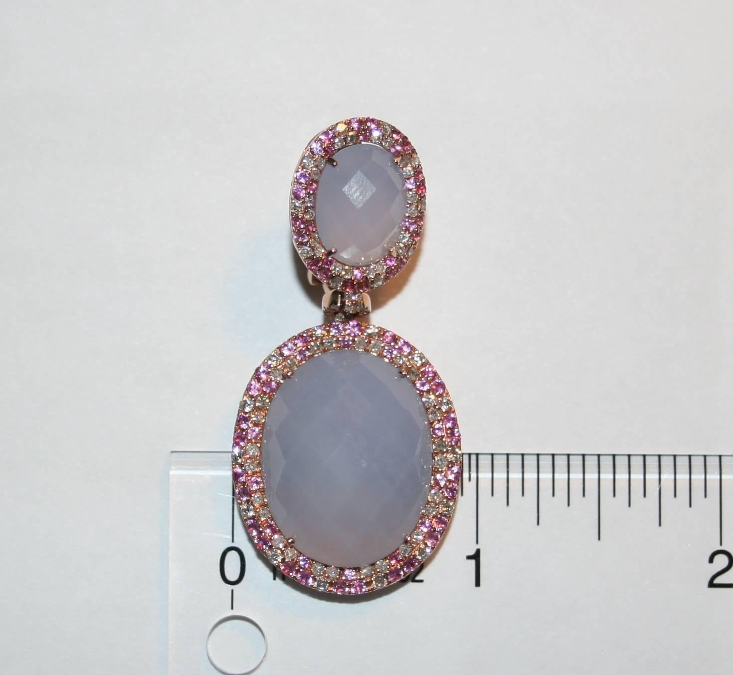 Contemporary 49.31 Carats Chalcedony Pink Sapphire & Diamond Rose Gold Earrings For Sale