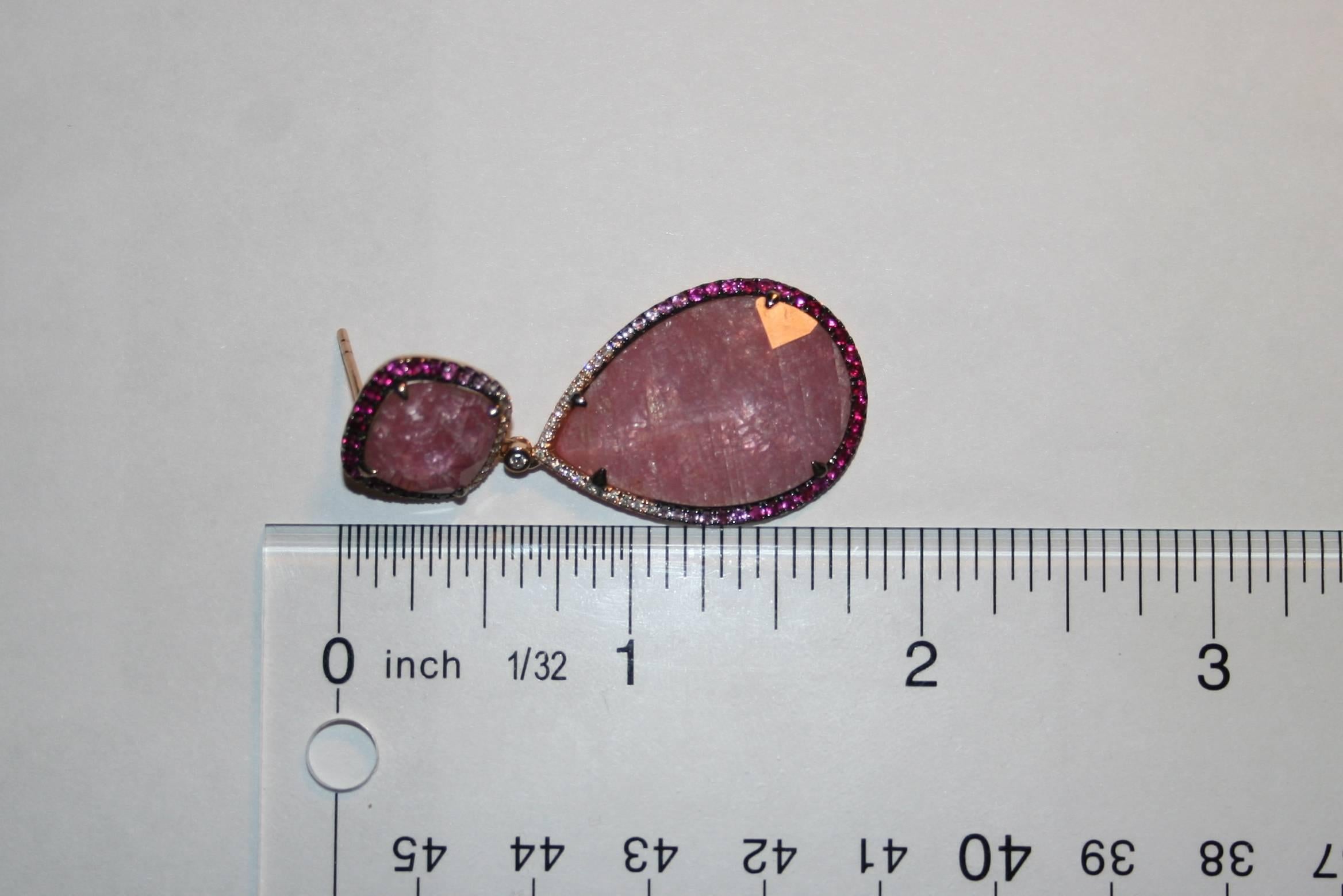 Pear Cut 31.86 Carats Triplet Pink Sapphire MOP Rock Crystal Diamond Gold Drop Earrings