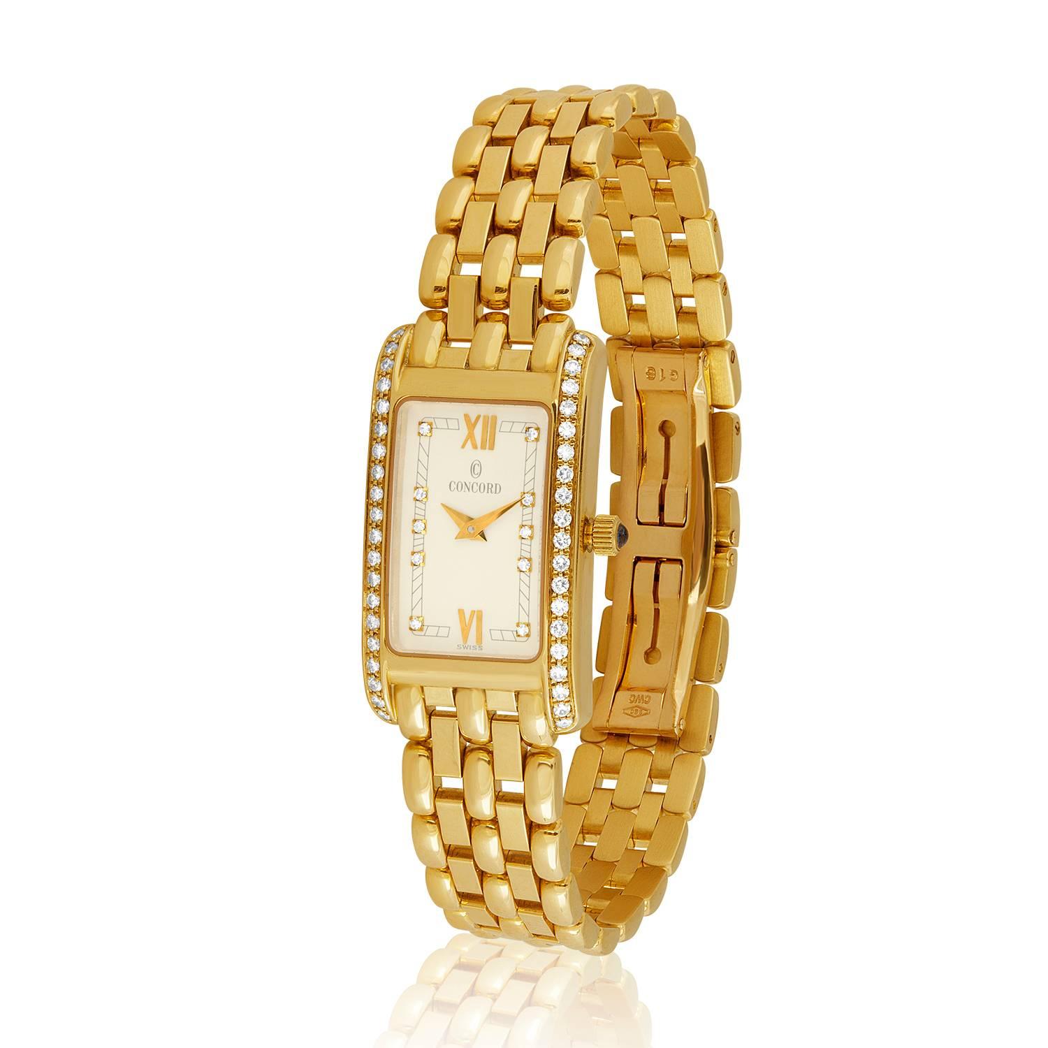 Lady's Concord Veneto 18K Yellow Gold Swiss Quartz Movement Watch
The watch is water resistant.
The numbers on the back 51-25-670 and 1002411
Blue Sapphire Cabochon on Crown.
There are diamonds on the face E VVS 0.50ct.
The face is 5/8