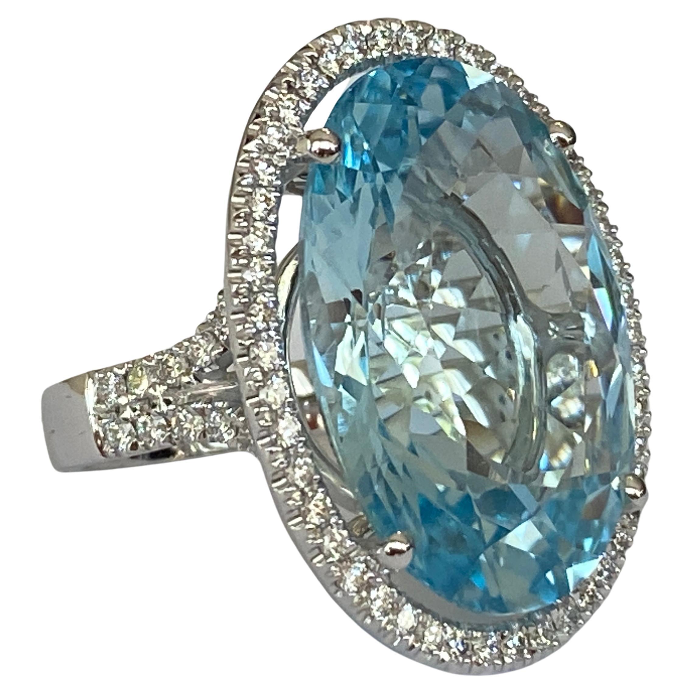 ALGT Certified 34 Carat Sky Blue Topaz Whaite Gold  Diamond Cocktail Ring For Sale