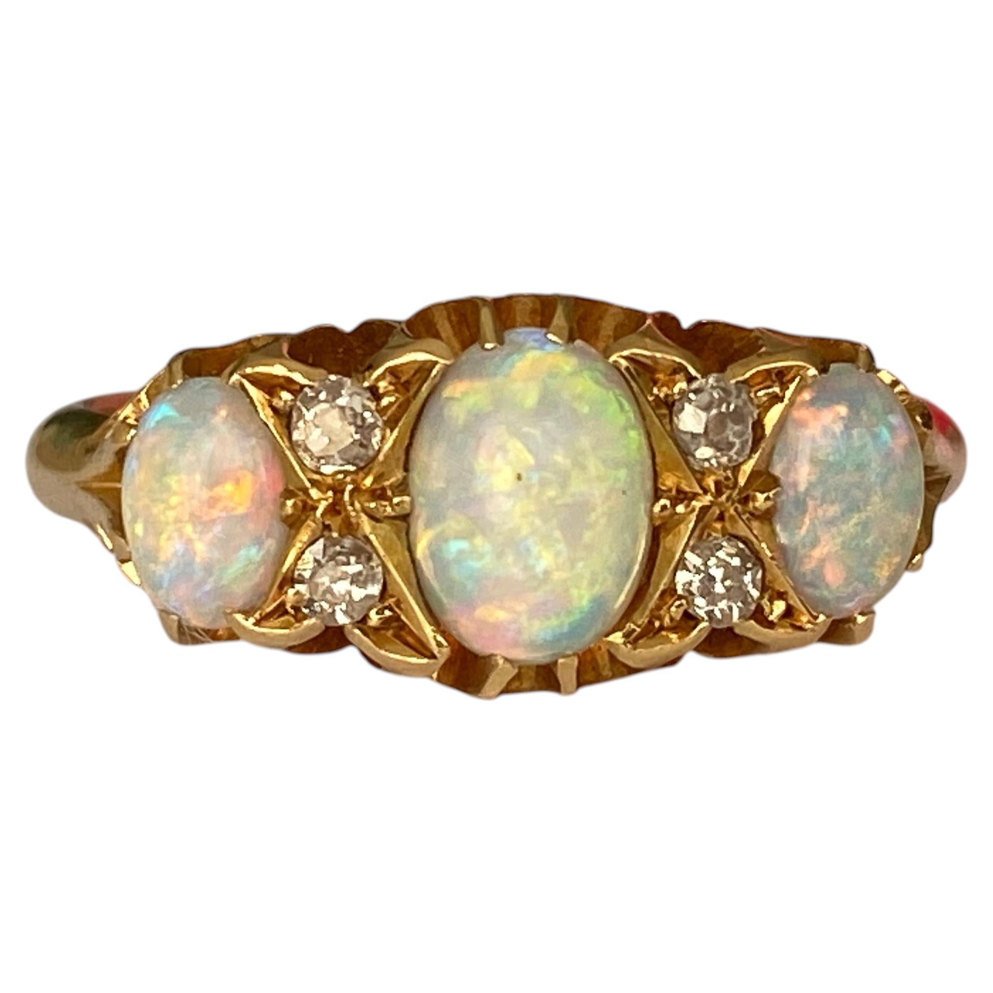 Antique English Edwardian 18ct Gold Opal and Diamond Ring, Birmingham, 1904