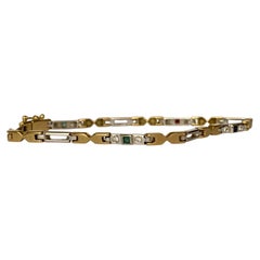 18k Two-Tone Gold Link Bracelet with Diamonds, Sapphires, Rubies, Emerald
