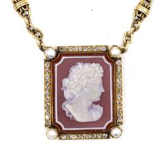 Antique Cameo Diamond Gold Pendant and Old Watch Chain