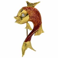 Vintage 18 Karat Yellow Gold Enamel Diamond Fish Pin Brooch