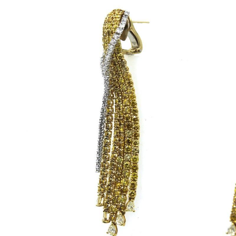  Modern Yellow and White Diamond Two Color Gold Drop Earrings In Excellent Condition In Boca Raton, FL