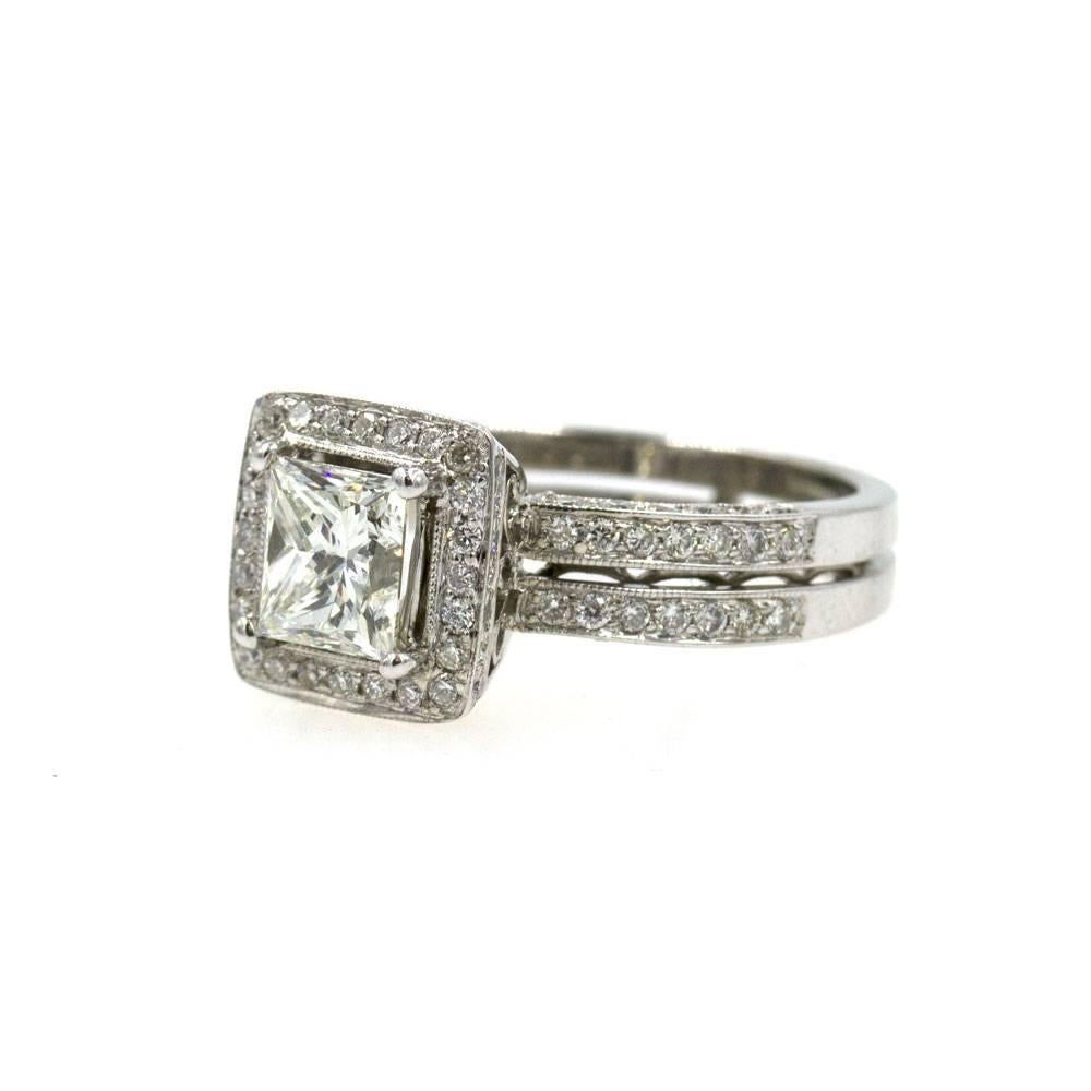 Modern 1 Carat Princess Cut Diamond Halo Engagement Ring GIA Certificate I/VS2