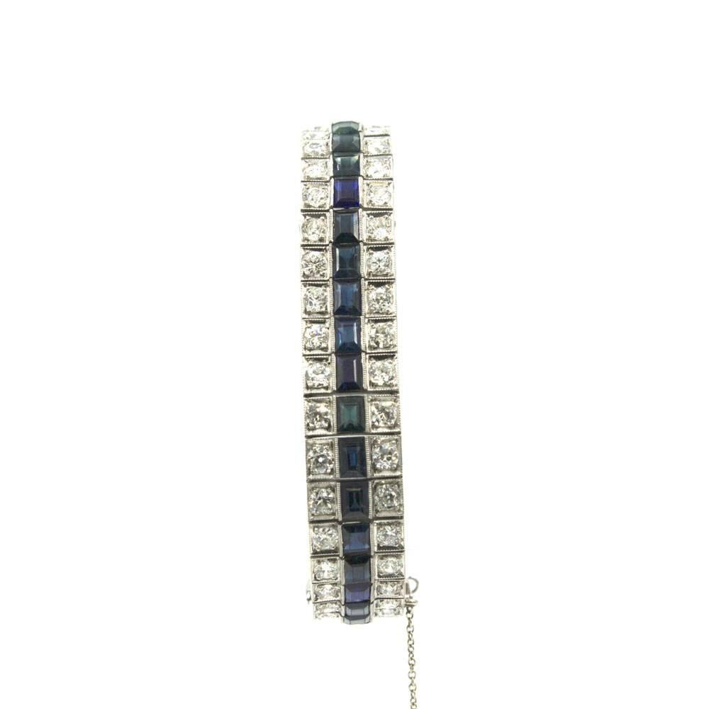 Old European Cut Art Deco Three-Row Natural Sapphire Diamond Platinum Line Bracelet